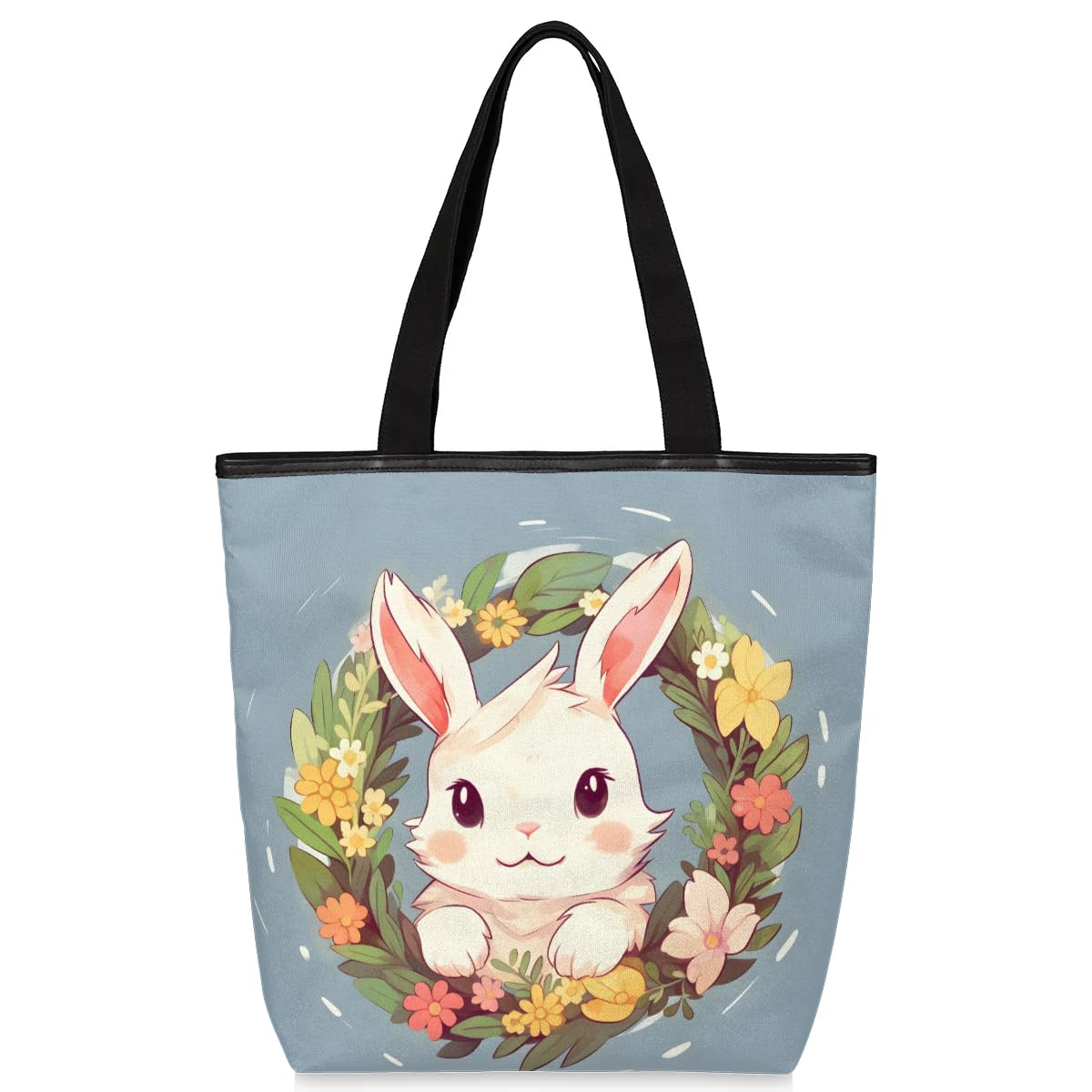 Mularoka Garland Rabbit Canvas Tote Bag with Zipper and Pockets Canvas Tote Shopping Bag Women Reusable Grocery Bag for Beach Travel Gym Shopping