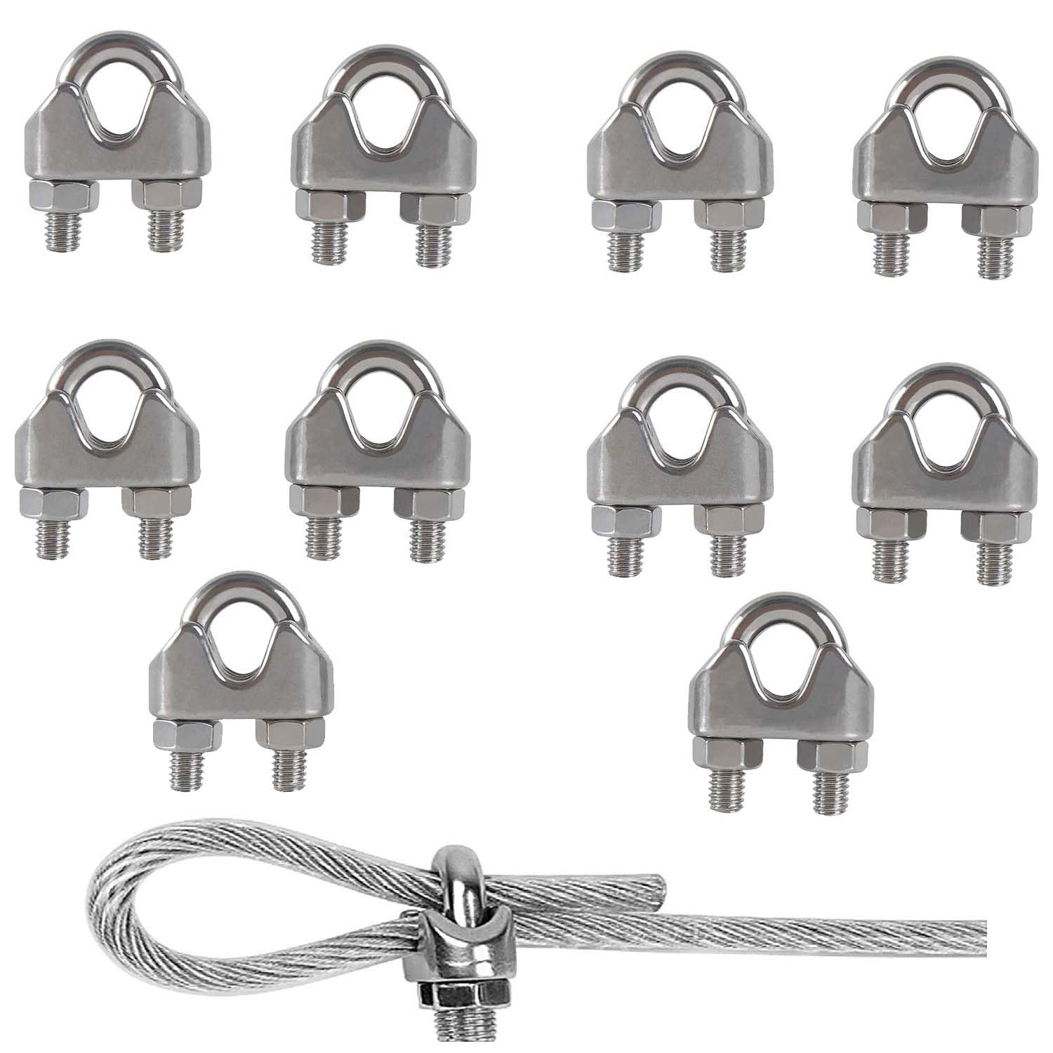 Rshuhx M8 Wire Rope Clip Clamp, 304 Stainless Steel, 10PCS, 366g, Silver, Wire Clamp, Hardware Clamp Vise