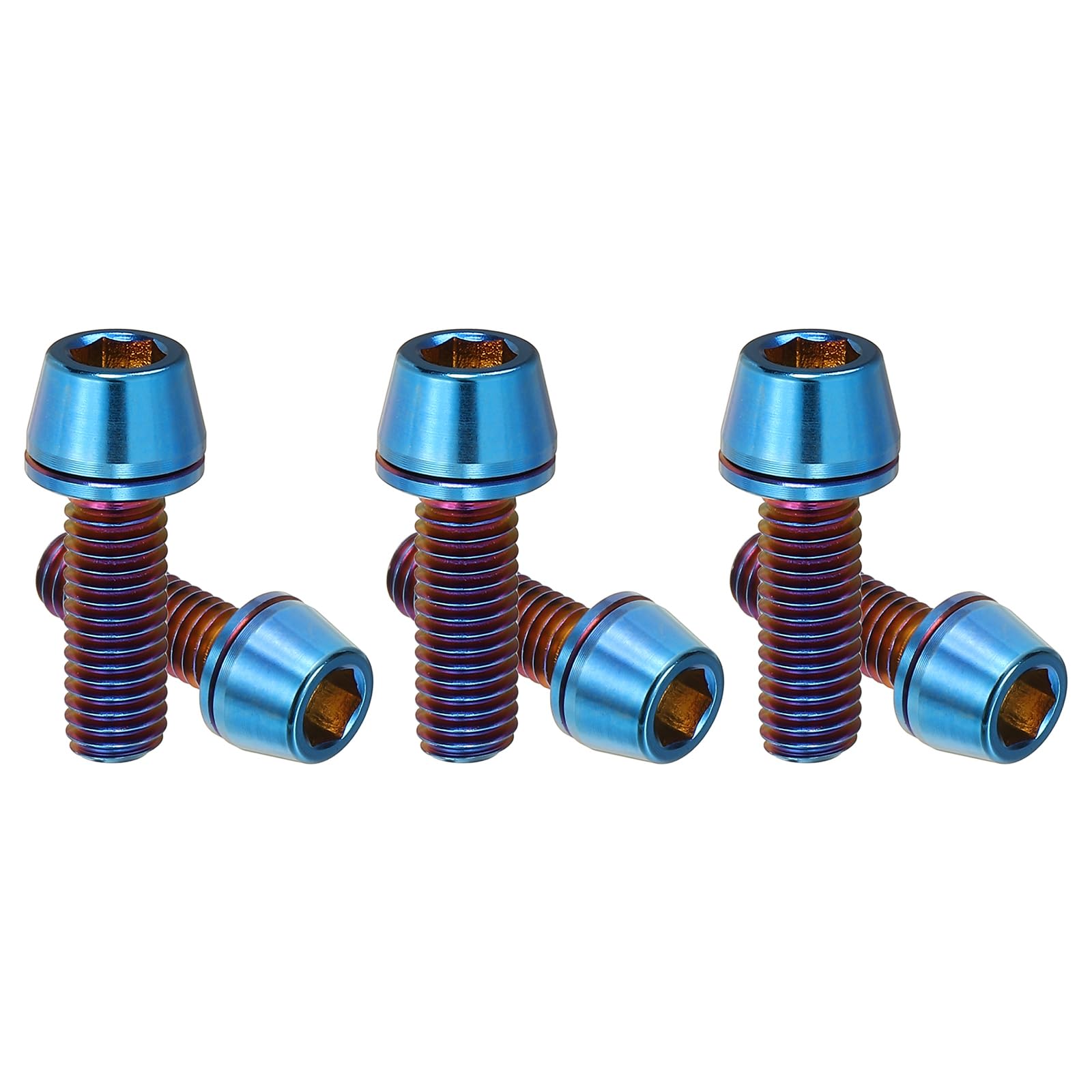 YELARXI Titanium Bicycle Stem Bolts, M5x15mm & 6Pcs & Burnt Blue Hex Tapered Head Bike Anti-Corrosion Fasteners with Washers Stem Bolt for Bicycle/MTB/Road Bike Handlebar Fixing