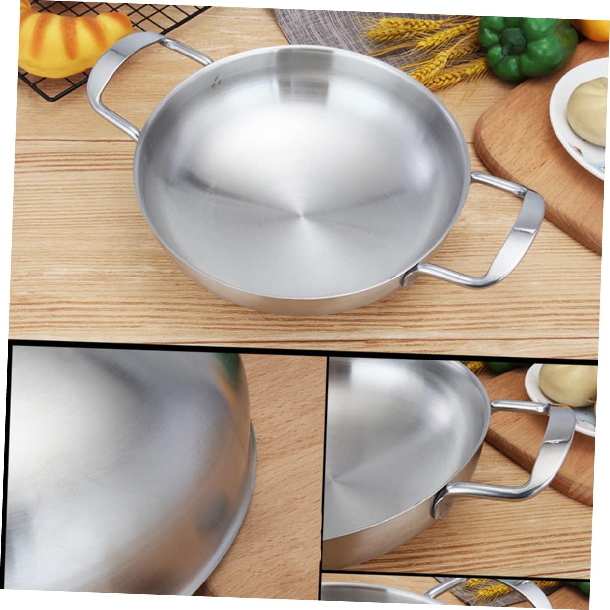 ステンレススチール - 毎日のパン丸いピザベーキングパンフライパン、蓋付きキャンプ調理器具韓国ラーメンポットポータブルダブルハンドル