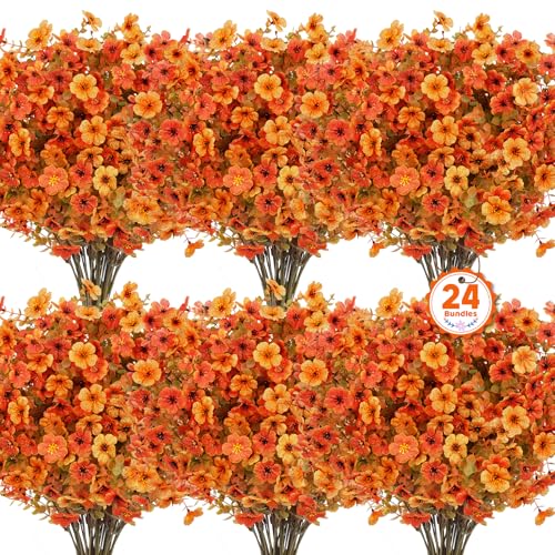 Ouddy Decor 24 Pcs Artificial Fall Flowers Fake Mums Outdoor Mixed Orange