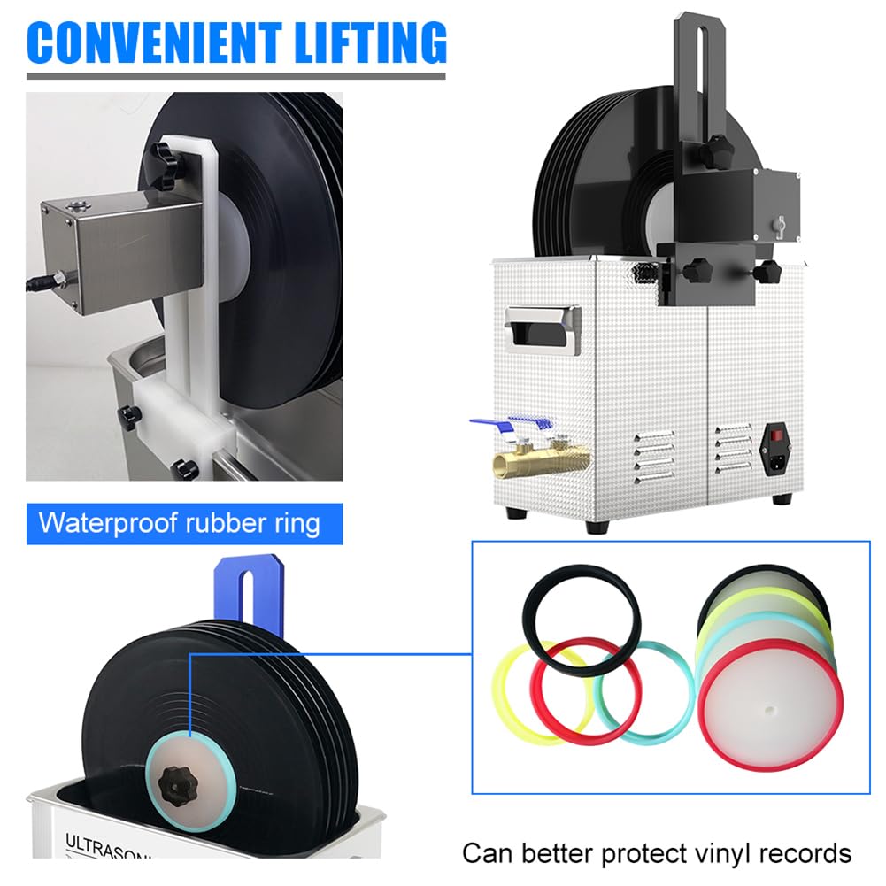 Pulitore a ultrasuoni per Dischi in Vinile, Album LP, Lavatrice a ultrasuoni Digitale Degas da 6,5 l e 180 W con Supporto sollevabile, Pulizia di 1-7 Dischi in Vinile