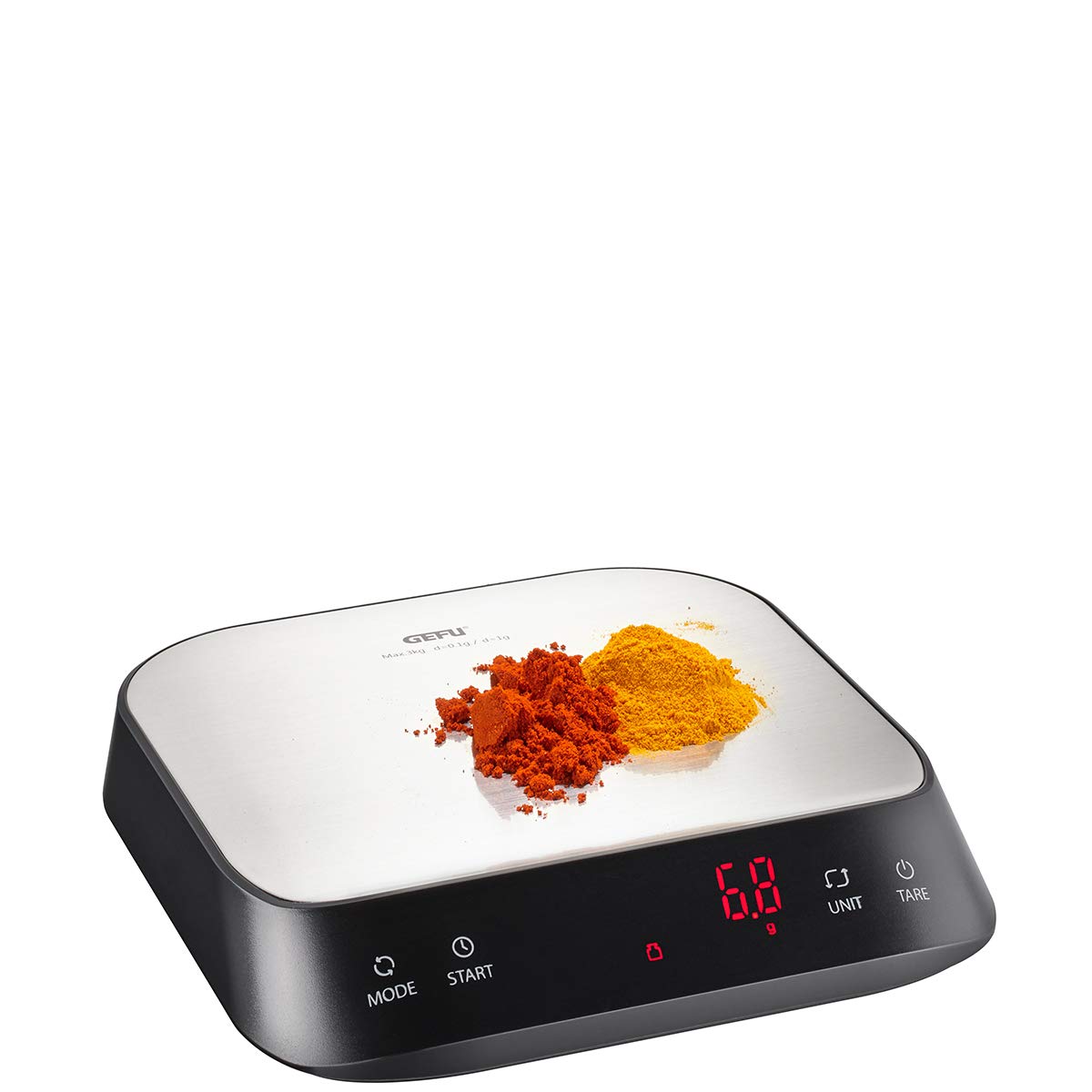 GEFU Fein- & Küchenwaage PREZISO | Digitalwaage 1 g–3 kg mit 0,1 g Teilung, Barista-Funktion, LED-Display | Für Kaffee, Tee, Gewürze, Backen | Edelstahl, inkl. Batterien