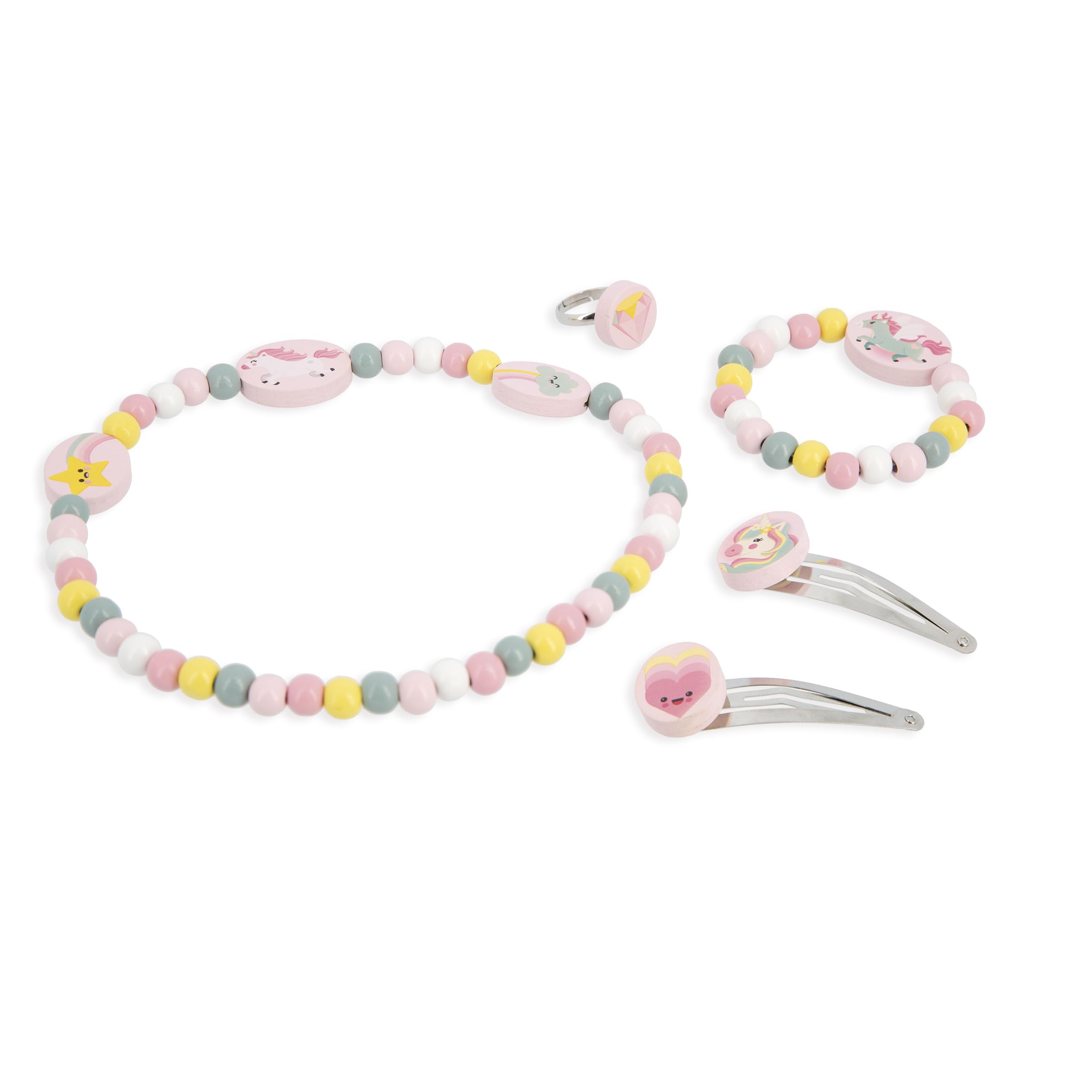 Janod Set de 5 Joyas de Madera Unicornios - 1 Collar, 1 Pulsera, 1 Anillo y 2 Clips - Joyas de Madera y Metal FSC - Accesorio de Moda - A Partir de 3 Años - J08880