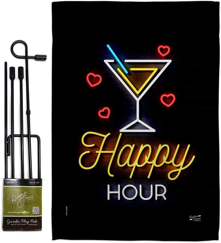 Neon Happy Hour Garden Flag Set with Stand Beverages Party Drinks Celebrate Fun Summer Beach Tropical House Decoration Banner Small Yard Gift Double-Sided, Made in USA