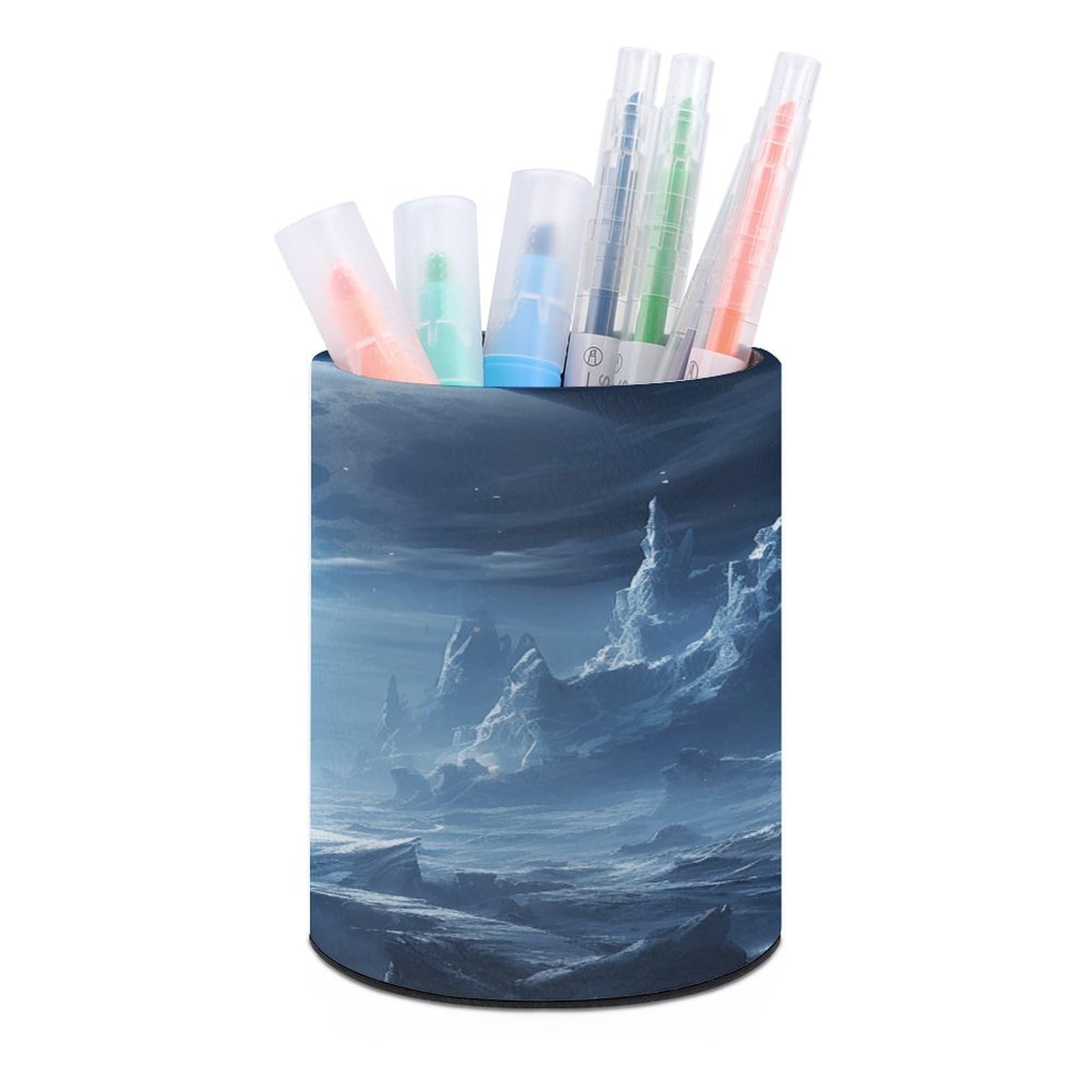 FekiLoot PU Leather Round Pen Holder Beautiful Scenery Images Pencil Holder Desk Organizer Pen Organizer Pen Cup Pencil Cup Caddy Desktop Stationery Organizers for Office Home Supplies