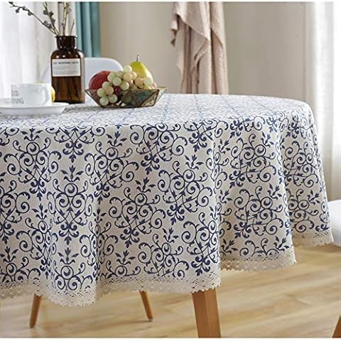 Table Cloth Round Wipeable Dust-Proof, Treer Cotton Linen Circular Tablecloth with Lace Blue & White Porcelain Pattern Table Cover for Kitchen Dining Room Party Indoor Outdoor (Blue,Diameter 150cm) Cover