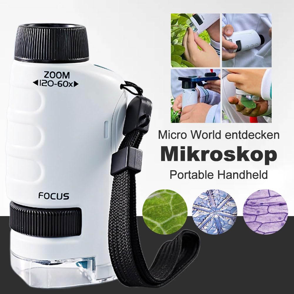Microscope Numérique, 2026 Nouveau Microscope de Poche Portable, Micro Scope Portable avec LED 12 Spécimens Micro-Scope Portable Jouet Scientifique Éducatif (Bleu)