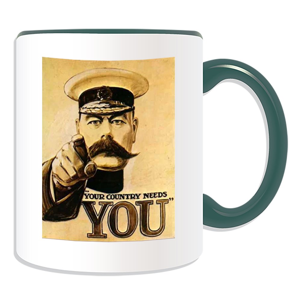 Unigift Green Personalised Gift - Your Country Needs You Mug (War Poster Design Theme, Colour Options) - Any Name / Message On Your Unique - Britain Britons First 1St Second 2Nd World Ww1 Ww2 Recruitment Enlist Victory Army Military Soldier Lord Kitchener