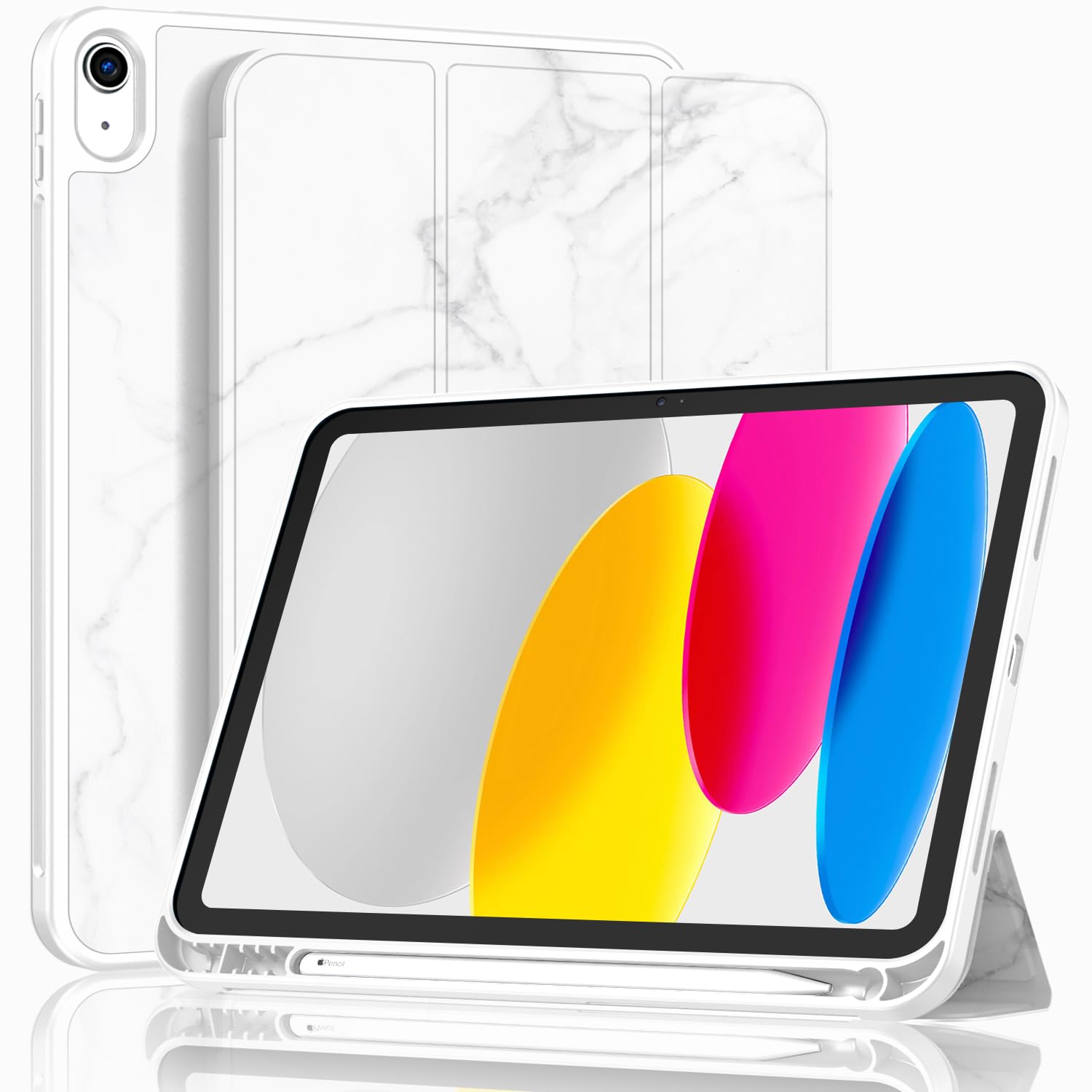 ToaPoia Case for iPad (A16) 11 Inch 2025/iPad 10th Generation 10.9 Inch 2022, Slim Trifold Stand Protective Cover with Pencil Holder and Soft TPU Back,Support Auto Sleep/Wake (Marble White)