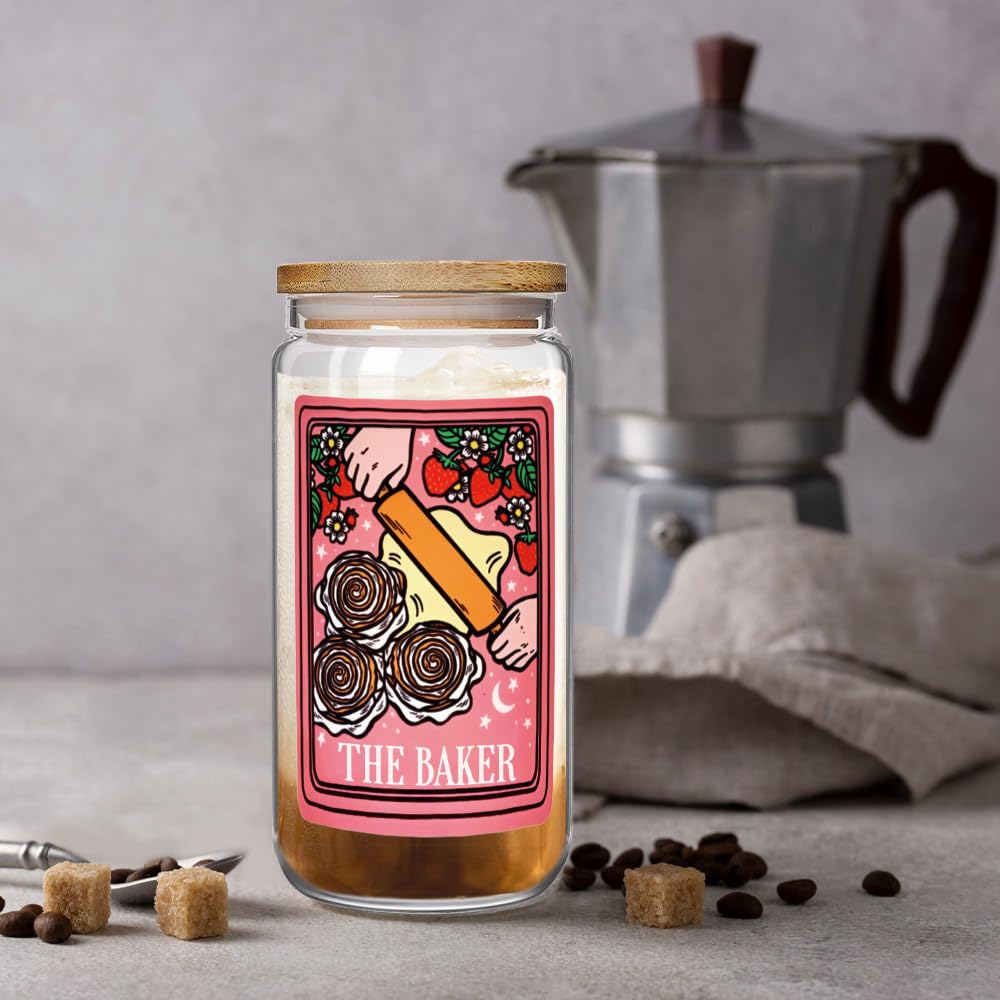Strawberry Baking Tarot Drinking Glass Cup Baker Coffee Cup Cooking Gifts for Mom Best Friend Bestie, Sourdough Strawberry Baker Bread Baking Cups with Lids and Straws 16oz Gift for Mother's Day