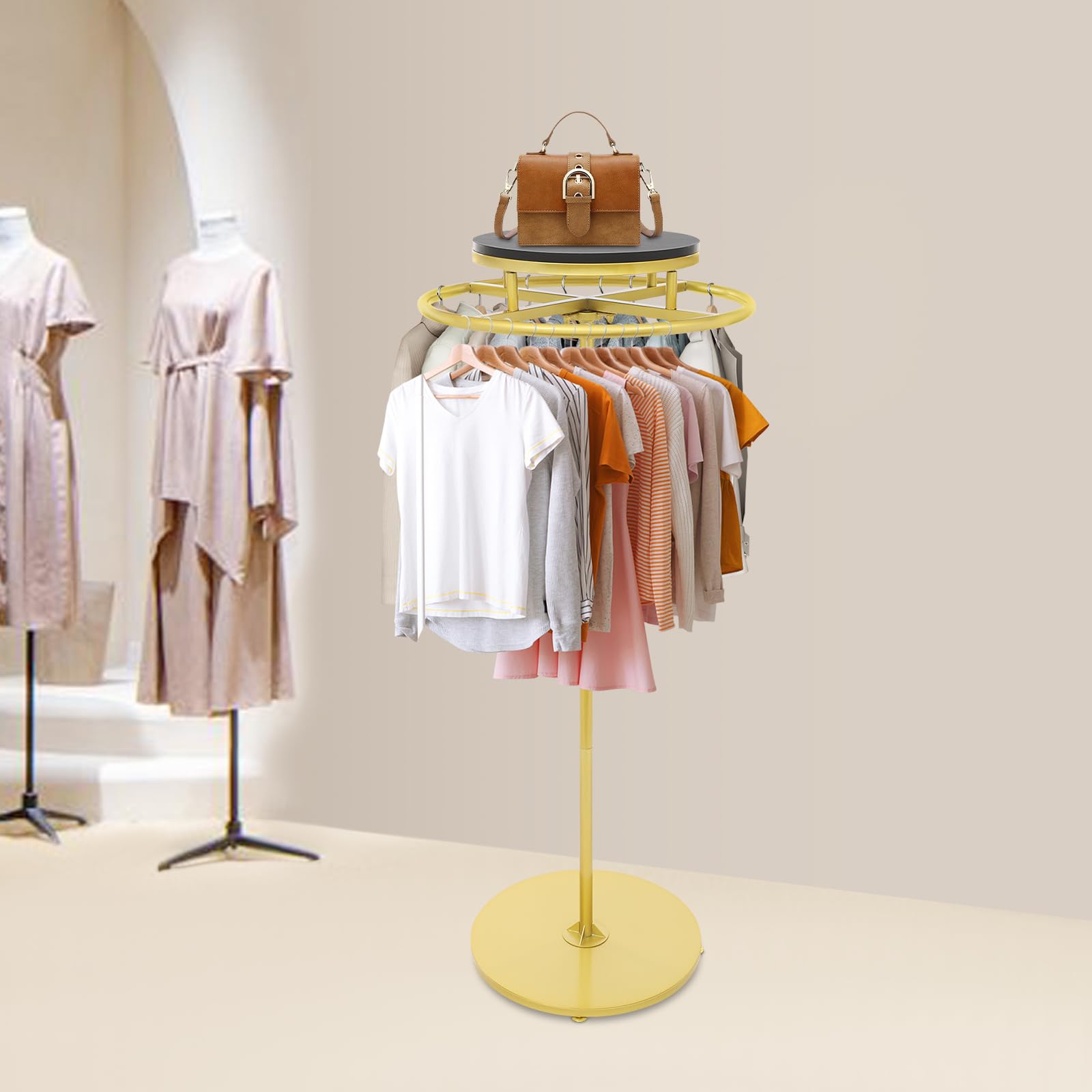 Soporte de ropa redondo giratorio de 360°, expositor de ropa independiente en pie para tienda, tienda de moda, vestidor y dormitorio, estructura metálica