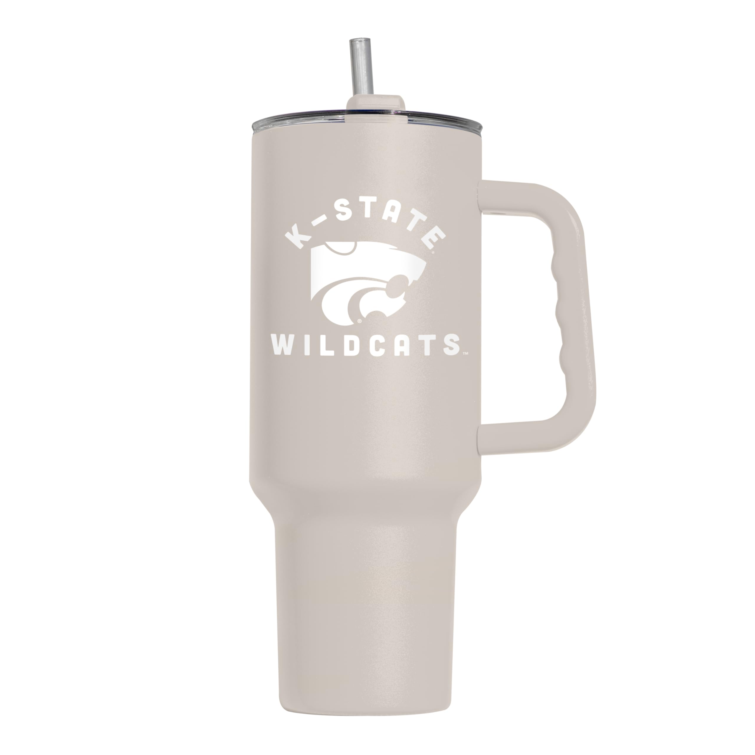 Logo Brands NCAA Kansas State Wildcats Sand 40 oz Tumbler with Handle - Stylish Everyday Use Powder Coated-Stainless Steel with Straw- Keeps Cold For Hours