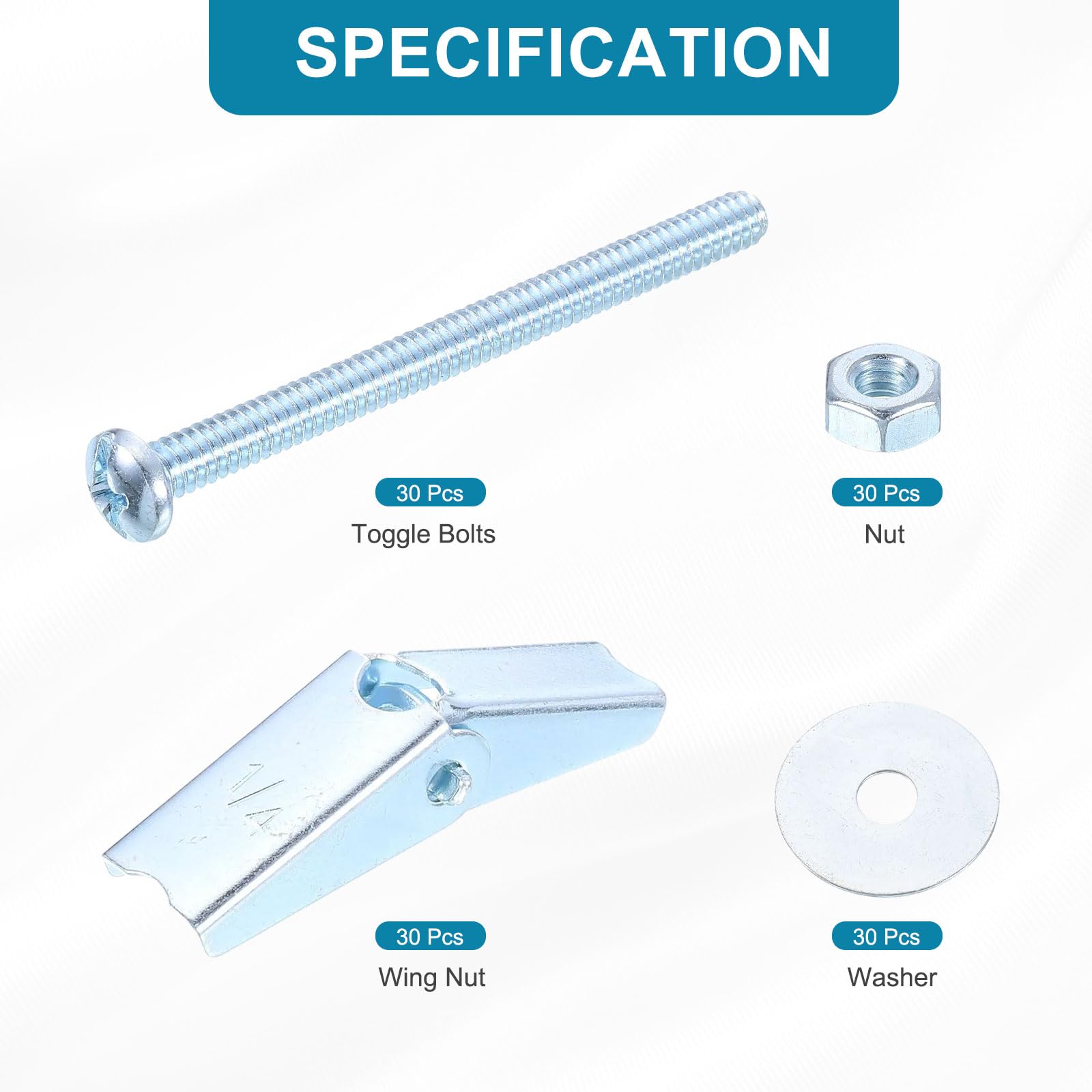QUARKZMAN Kit di Assortimento Dadi Farfalla per Bulloni a Farfalla, 30 Set 1/4x3 Pollici Ancore a Farfalla con Dadi Farfalla, Dadi Esagonali, Rondelle, Ancore per Cartongesso