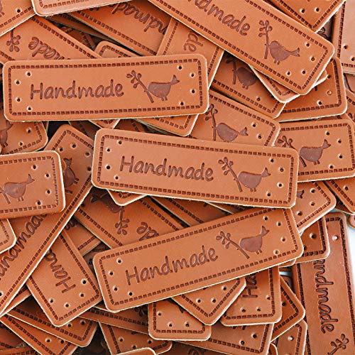 VINFUTUR 100pcs PU Handmade Labels Leder Etiketten Tags Handmade Kleideretiketten DIY Näharbeit Deko Kleidungszubehör