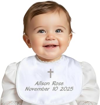 Morxy Personalized Christening Bib - Custom Embroidered Name & Cross - Soft Mulberry Silk Baptism Bib for Boys Girls 0-12M