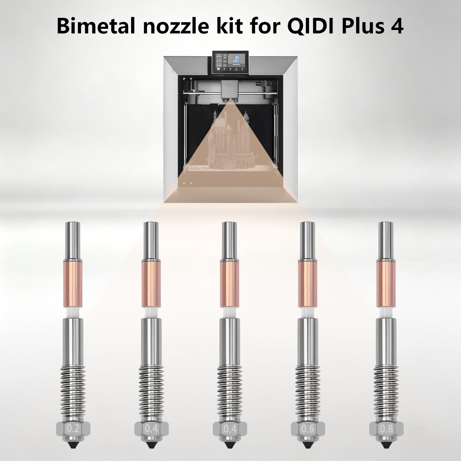 Juego de 5 boquillas bimetálicas de cambio rápido de 0,2/0,4/0,6/0,8 mm para QIDI Plus 4; boquilla integrada de acero endurecido con aleación de cobre y tubo de garganta cerámico para QIDI Plus 4