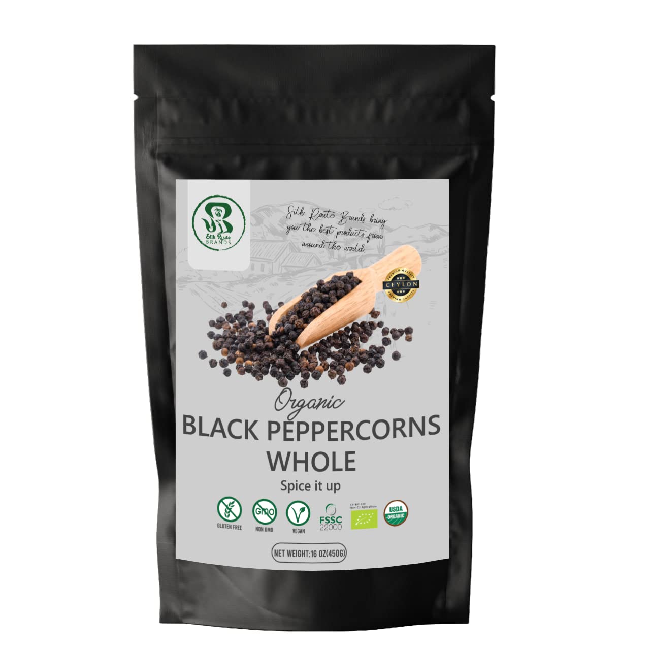 Organic Black Peppercorns Whole 16oz ( 450 g) USDA Organic, Non GMO