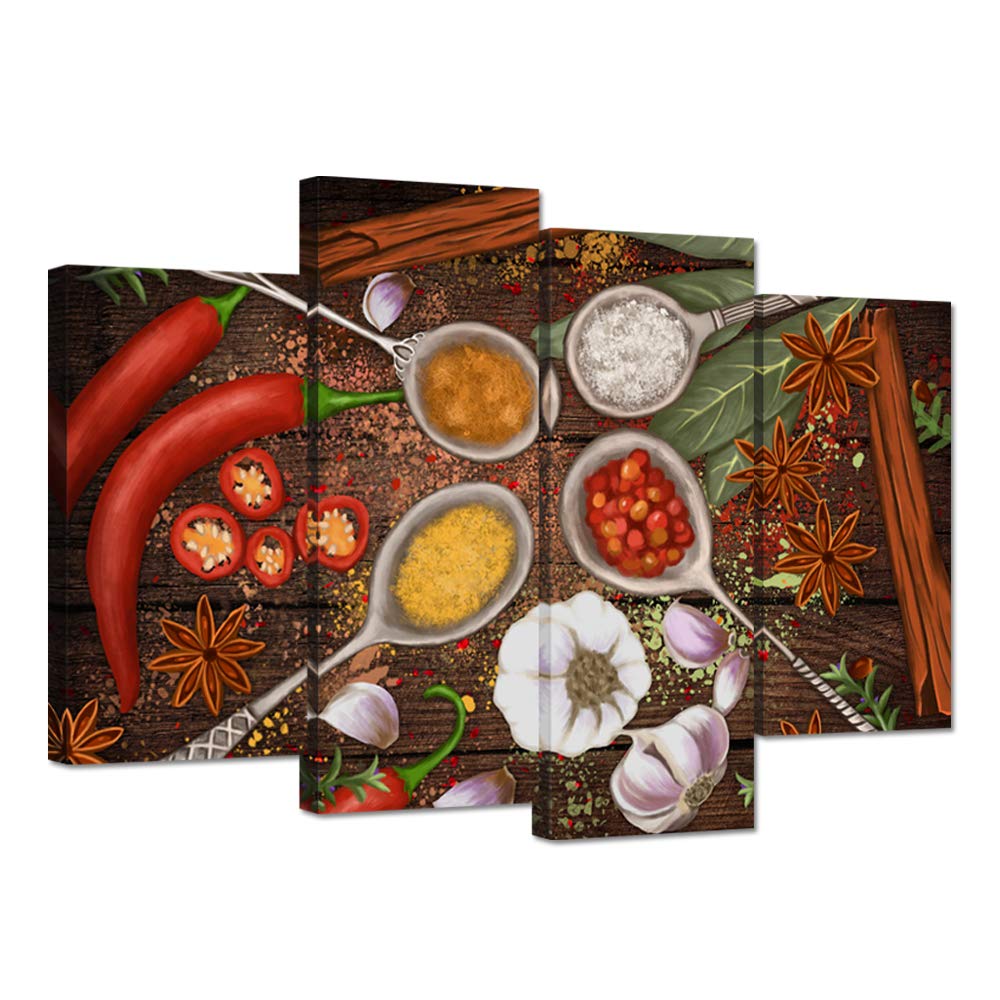 4 Panel Kitchen Picture Wall Decor Couful Spice in Spoon Star Anise Garlic Red Pepper Cooking Seasoning Print on Canvas Stretched and Framed For Restaurant Dining Room