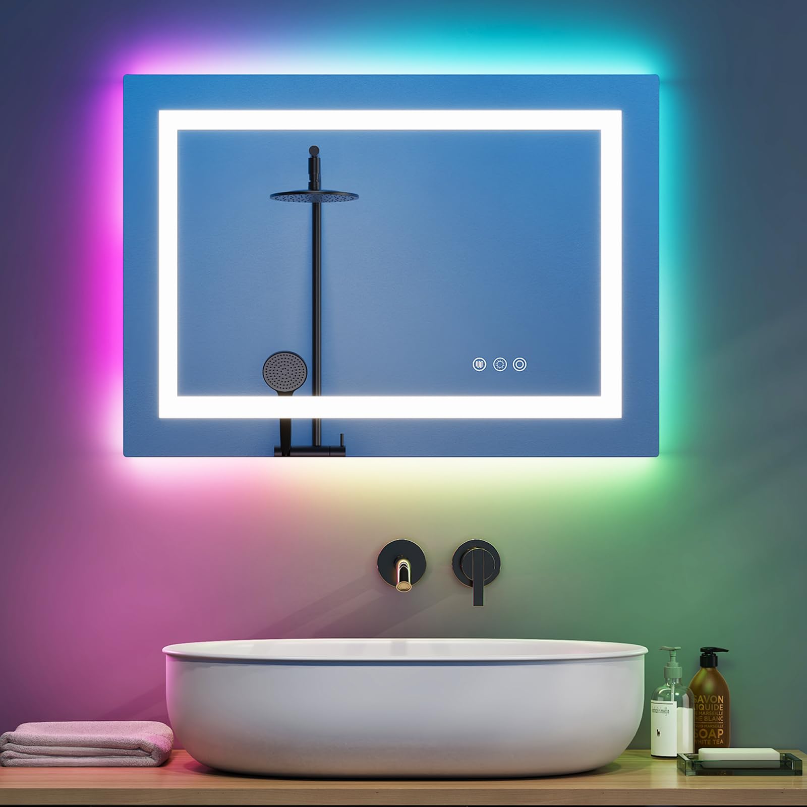 Warmiehomy RGB Bathroom Mirror with Lights,Rectangular 450x600mm Illuminated LED Bathroom Mirror 3 Colour Dimmable Lights Demister Pad Touch Switch,Aluminium Frame — image 1