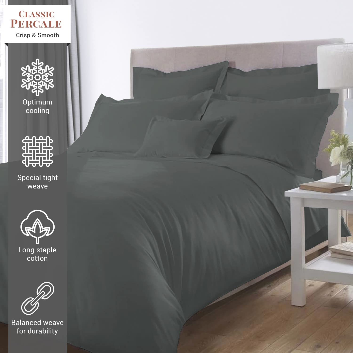 Pizuna Dark Grey Cotton Single Duvet Cover Percale 140x200 cm, 100% Long Staple Cotton Single Bed Duvet Cover Set - Image 2