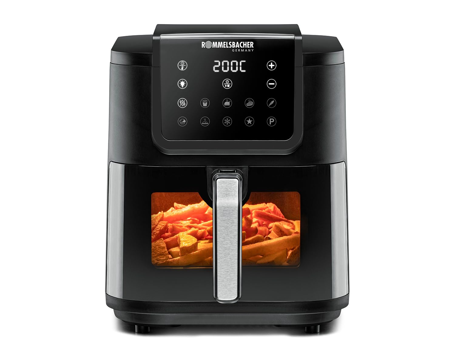 ROMMELSBACHER Heißluftfritteuse FRH 1700, XXL-Backraum 8 Liter (ca. 21 x 30 cm) für 1.000 g Pommes, sehr leiser Betrieb 45 db(A), 10 Programme, 60-200 °C, großes Sichtfenster mit Innenraumbeleuchtung