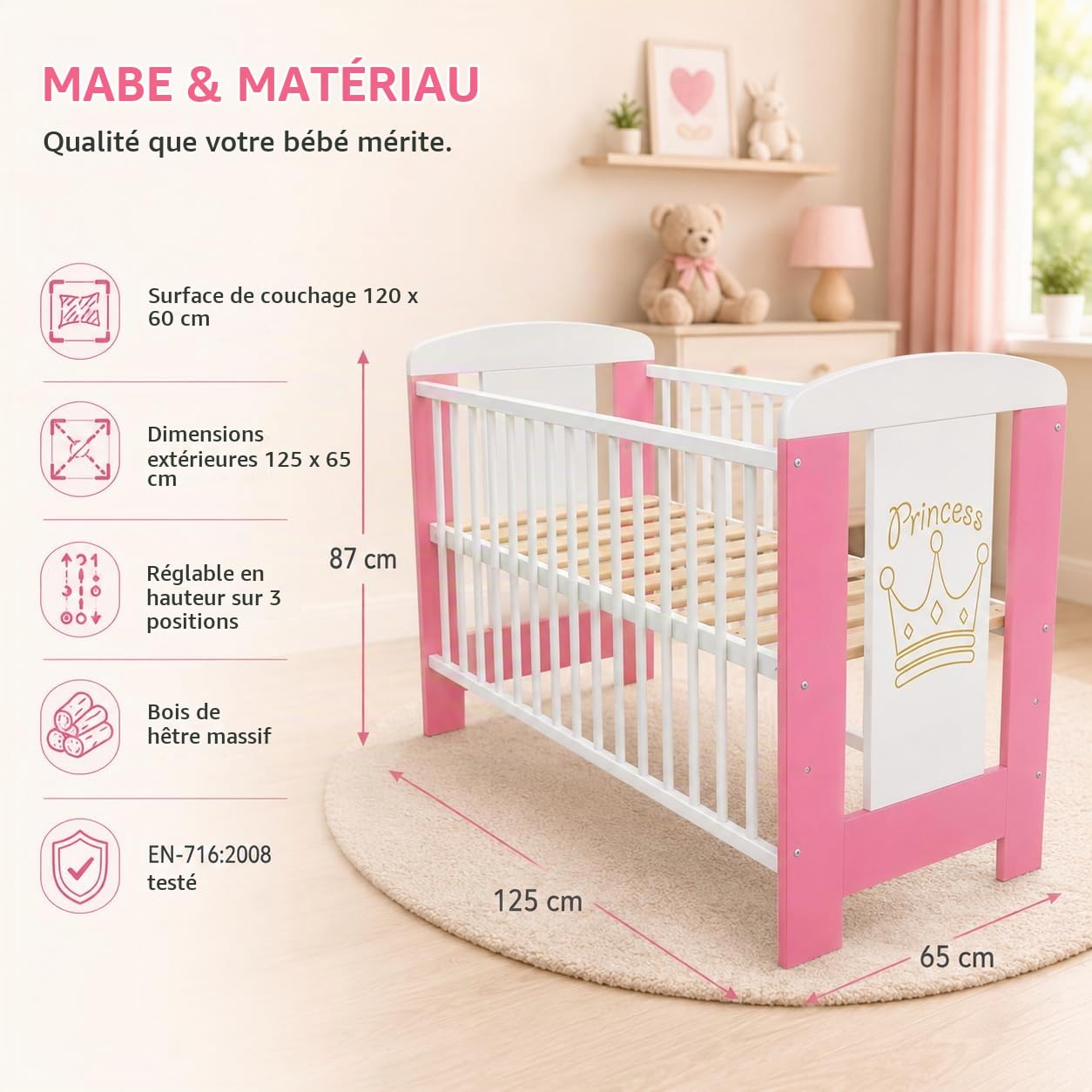 Lit bébé My Sweet Baby en 3 Couleurs sans Matelas Mousse 10 cm certifié lit bébé Blanc 4 Parties 120x60 (Pink Princess sans Matelas)