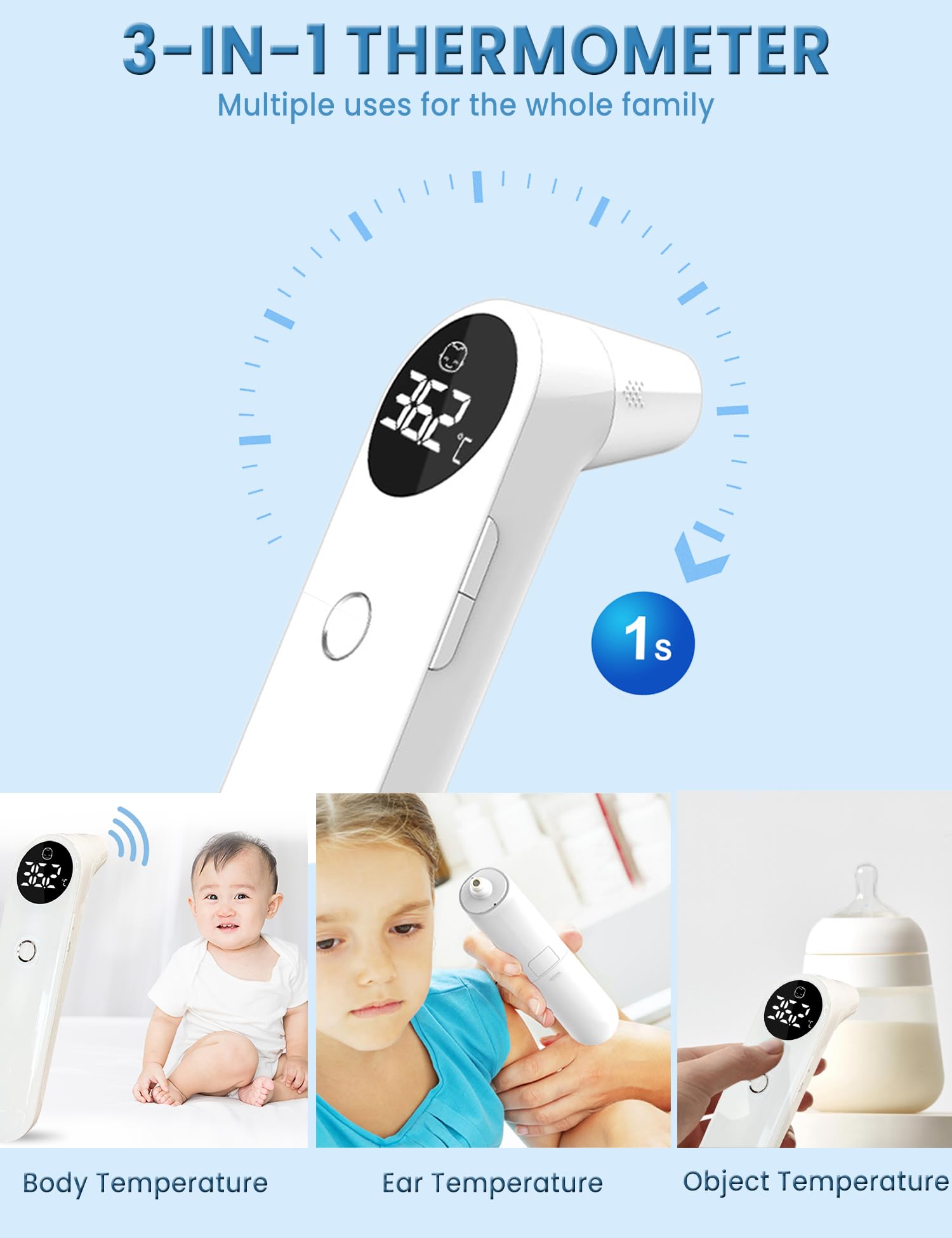 Termometro 3 in 1 per bambino, anteriore, orecchio e oggetto, termometro digitale a infrarossi senza contatto con display LED, allarme febbre, modalità silenziosa, promemoria memoria, termometro