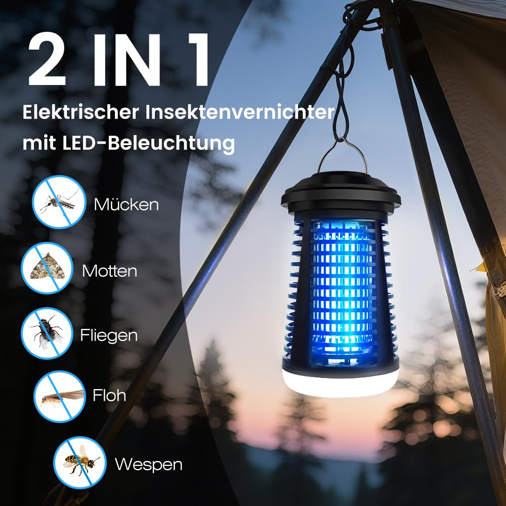 Mückenfalle, 4200V Insektenvernichter Elektrisch, 15W LED Beleuchtbar Mückenlampe - Fliegenfalle Elektrisch IPX4 Wasserdicht für Innen Außen，Anti Mücken, Fliegen