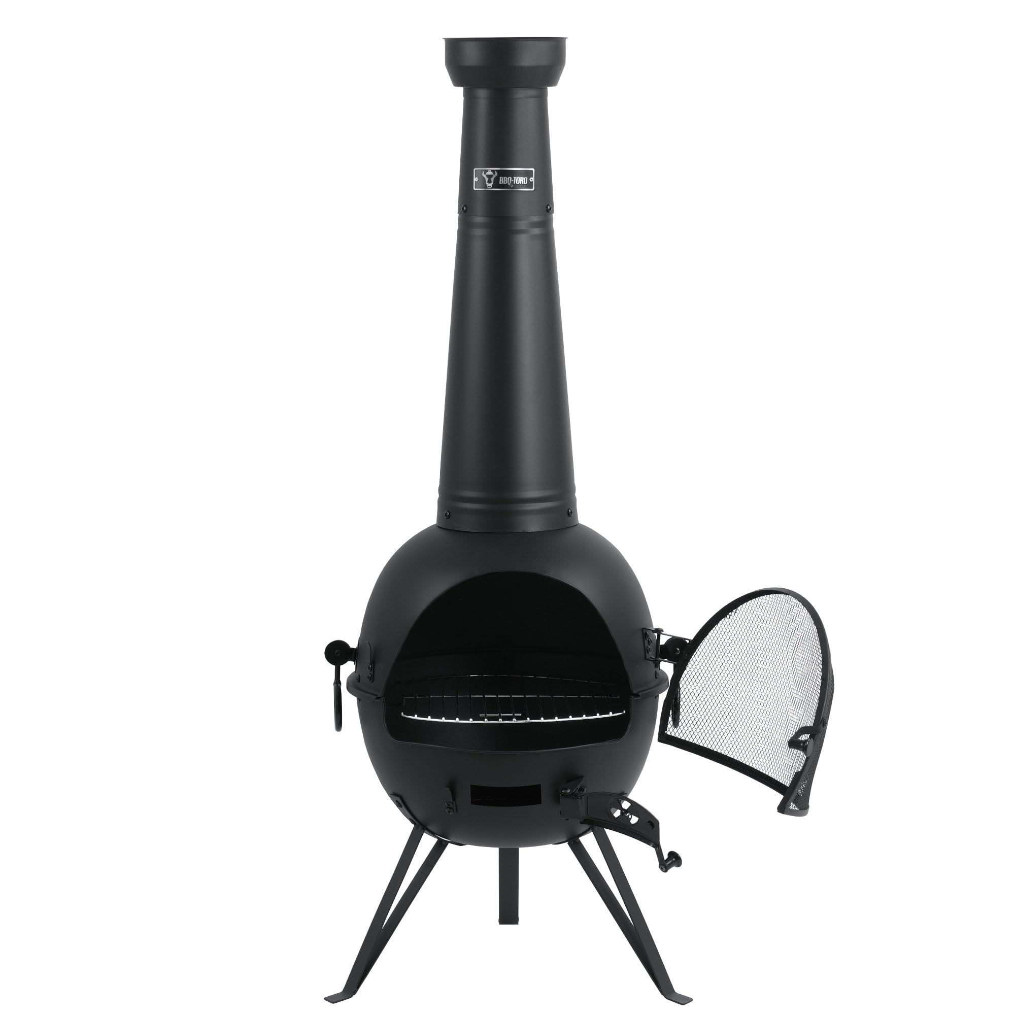 BBQ-Toro Terrassenofen mit Grillrost, Grillrostheber und Schürhaken | 52,5 x 53,5 x 142 cm | Stahl Gartenkamin, Outdoor Gartenofen, Feuerkorb | Holzofen Wärmequelle, Feuerstelle mit 3 Standfüßen