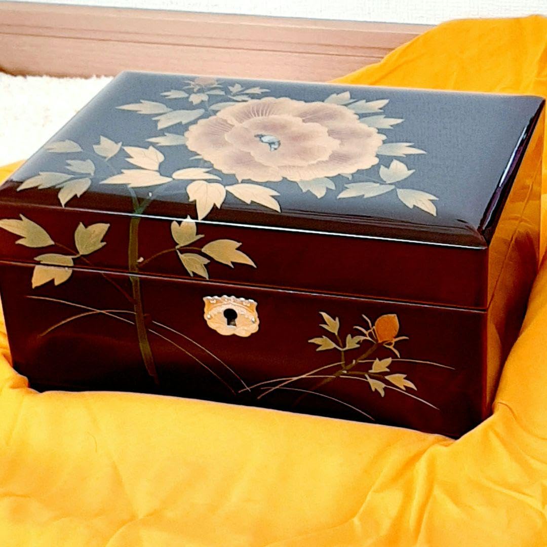 レトロ 漆器 宝石箱 オルゴール鍵 鏡 牡丹 蒔絵/昭和 木製アンティーク螺鈿 螺鈿細工 オルゴール 鍵付き 小物入れ 宝石箱 化粧箱 らでん