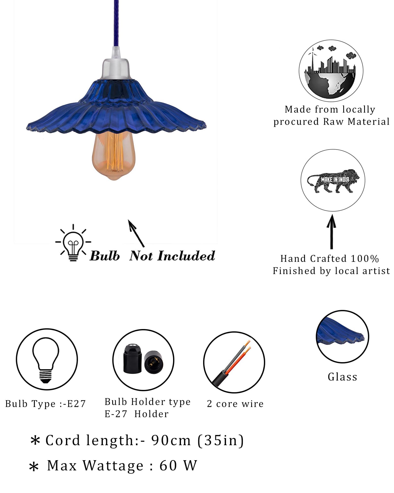 Homesake Vintage Hanging Pendant Light with Blue Glass Shade, Edison Bulb-Retro Industrial Ceiling Lamp for Home Decor,Bohemian Style, Farmhouse Lighting,Industrial Design,Ceiling Fixture(Transparent) - Image 8 thumbnail