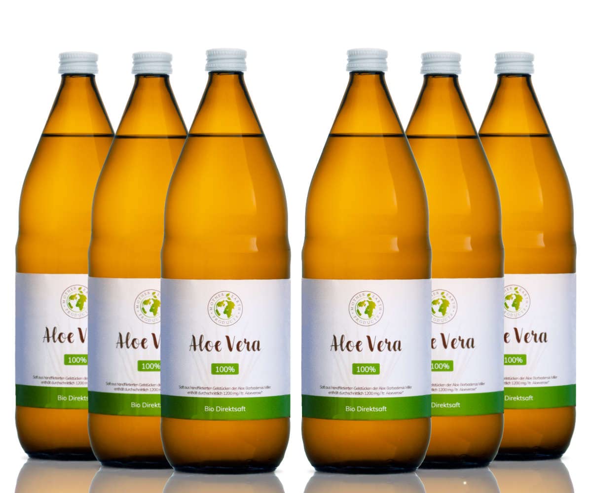 Mother Earth Products | Jugo directo 100% orgánico de aloe vera sin aditivos | Gel interior puro de la hoja de aloe vera para beber | 1200 mg/l Aloverose |6 x 500 ml