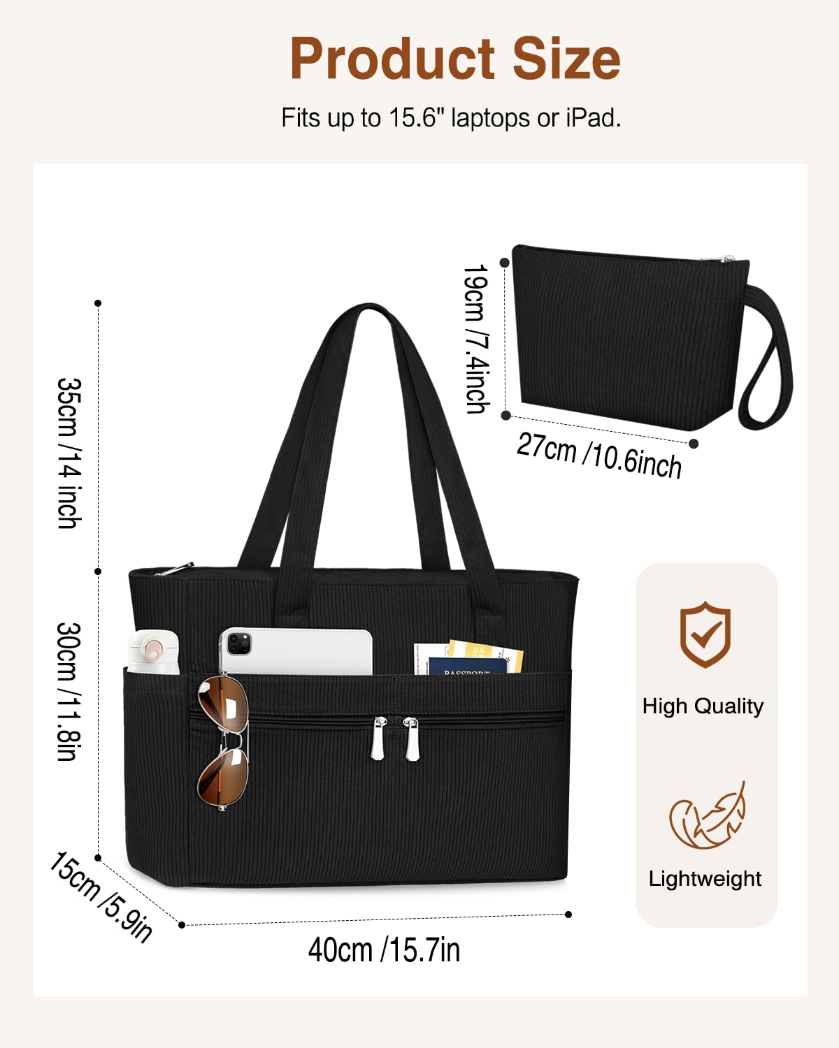 LUROON Sac a Main Femme Cabas Grande Capacité, Sac Cabas Femme en Velours Côtelé Tote Bag avec Fermeture Éclair, Léger Sacs Ordinateur 15.6 Pouces pour Voyage Collège Travail