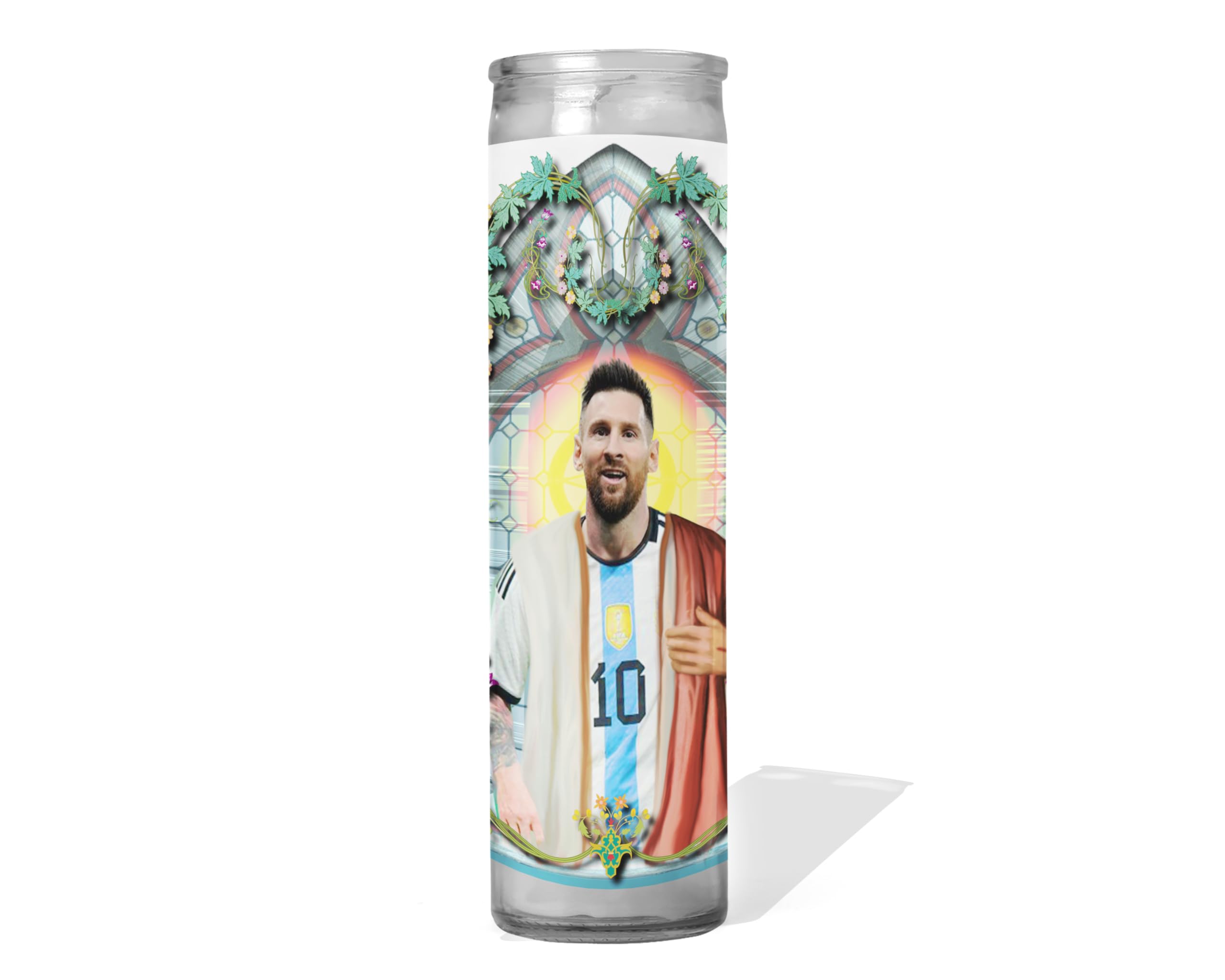 Saint Messi Patron Saint of Soccer - Celebrity Prayer Candle : Unscented | 8 inch Glass Prayer Votive - Handmade in USA | Funny Gift Idea