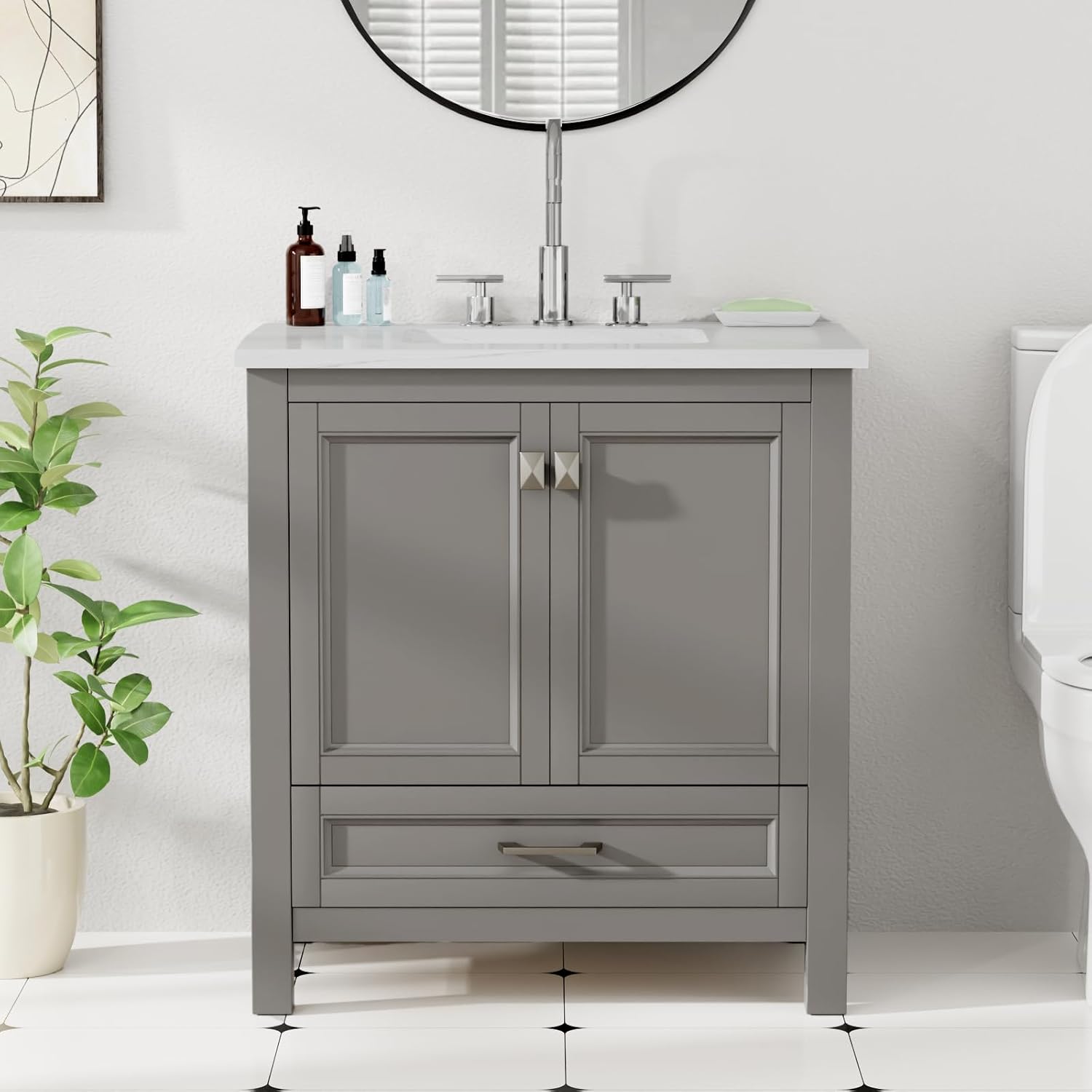 Freestanding Bathroom Vanity with Sink, 30" Floor Mount Vanity with Marble Top, Under-Mounted Rectangular Ceramic Sink & 2 Large Soft-Close Doors, Bathroom Storage Cabinet with Drawer, Grey