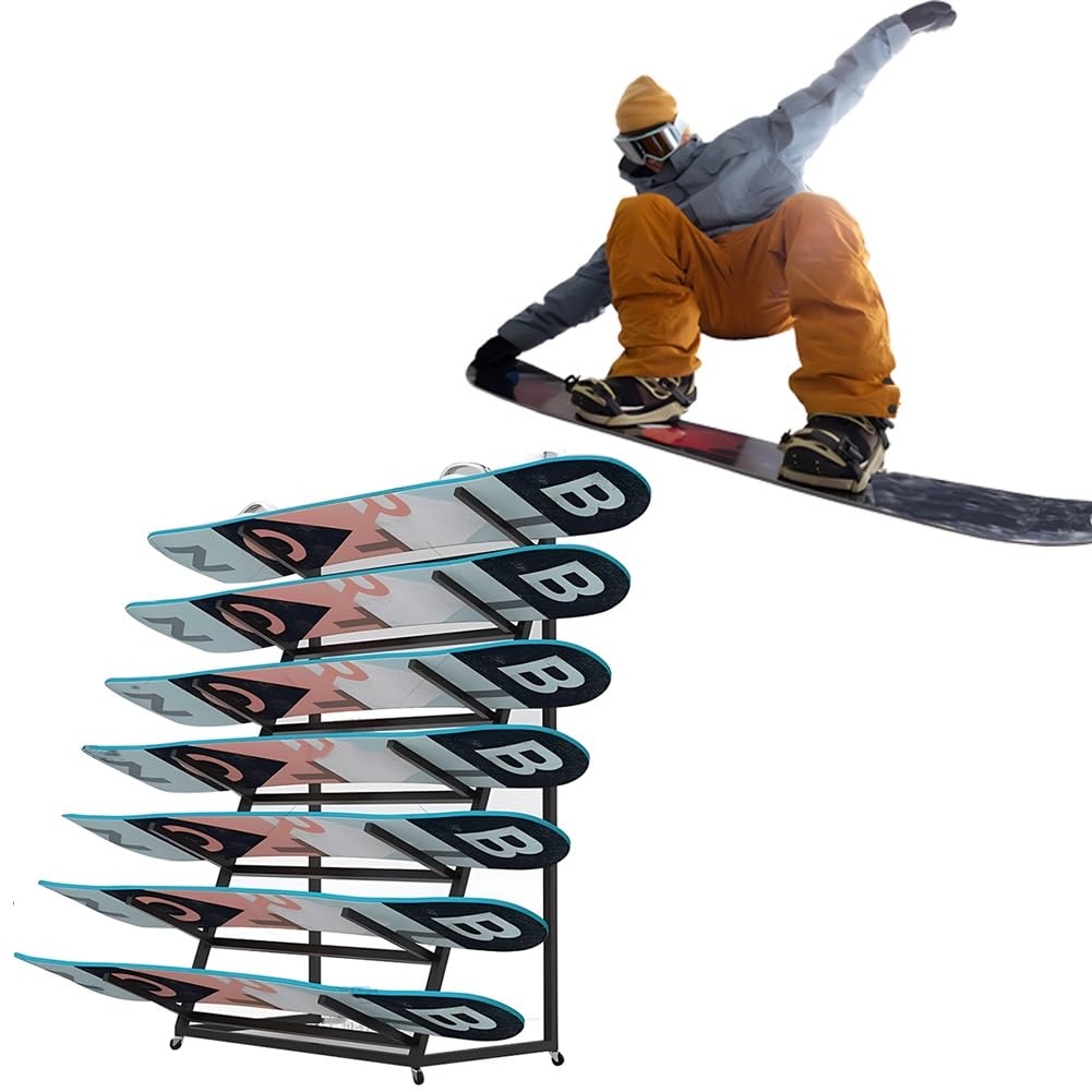 Generisch Freistehendes Snowboard- und Ski-Aufbewahrungsregal aus Metall – Garagen-Organizer für das Heim-Fitnessstudio, verstellbare 4/5/6 Ebenen, platzsparendes Design (920 x 50 x 113 cm)