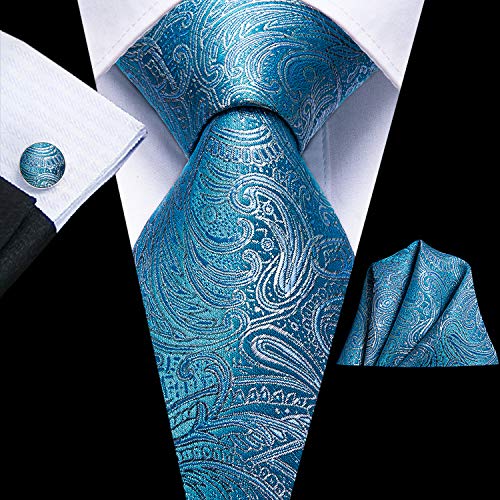 Image of Hi-Tie Paisley Turquoise Blue Men Ties Silk Jacquard Formal Business Necktie Pocket Square Cufflinks Tie Clip Set Wedding Party