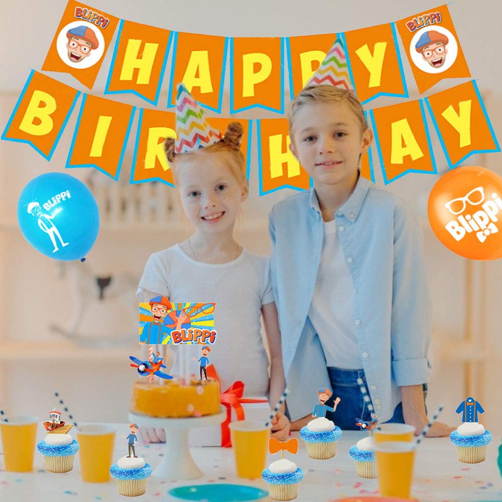 Miotlsy Blippi Birthday Party Supplies Set, 1Pc Birthday Banner + 24Pcs