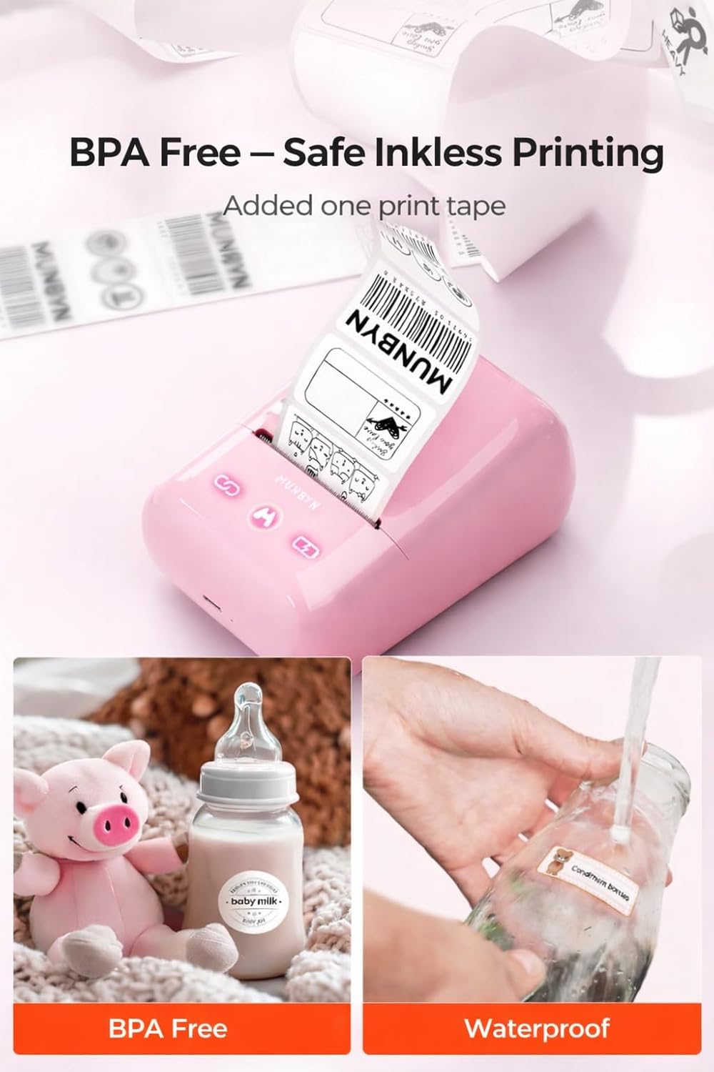 MUNBYN 5-in-1 Label Maker Machine – Bluetooth Thermal Label Printer for Stickers & Barcodes, App-Connected, Multiple Templates, No Subscription, Portable for Small Business, Home&Crafts, Pink - Image 3