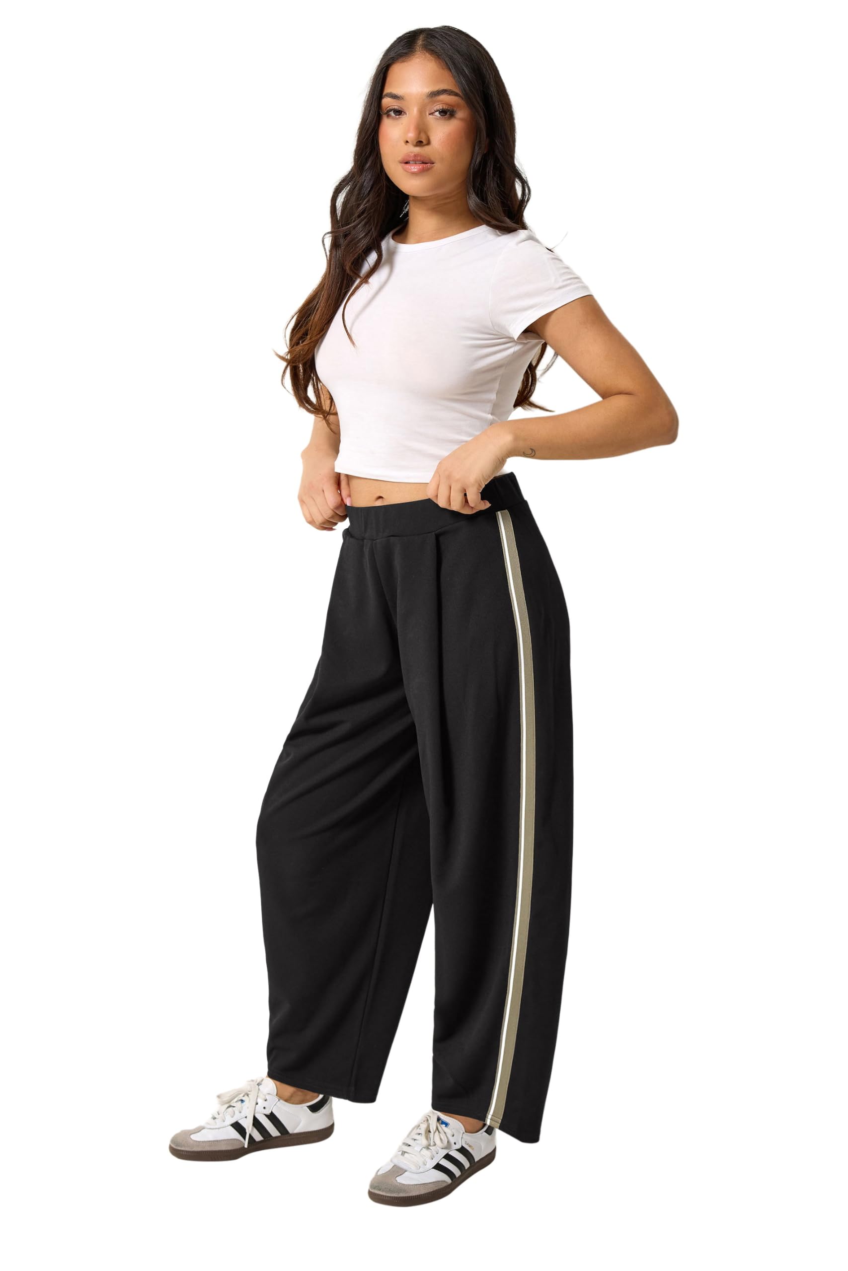 PixieGirl Women's Petite Side Stripe Barrel Leg Trousers in Black | Size: 16S