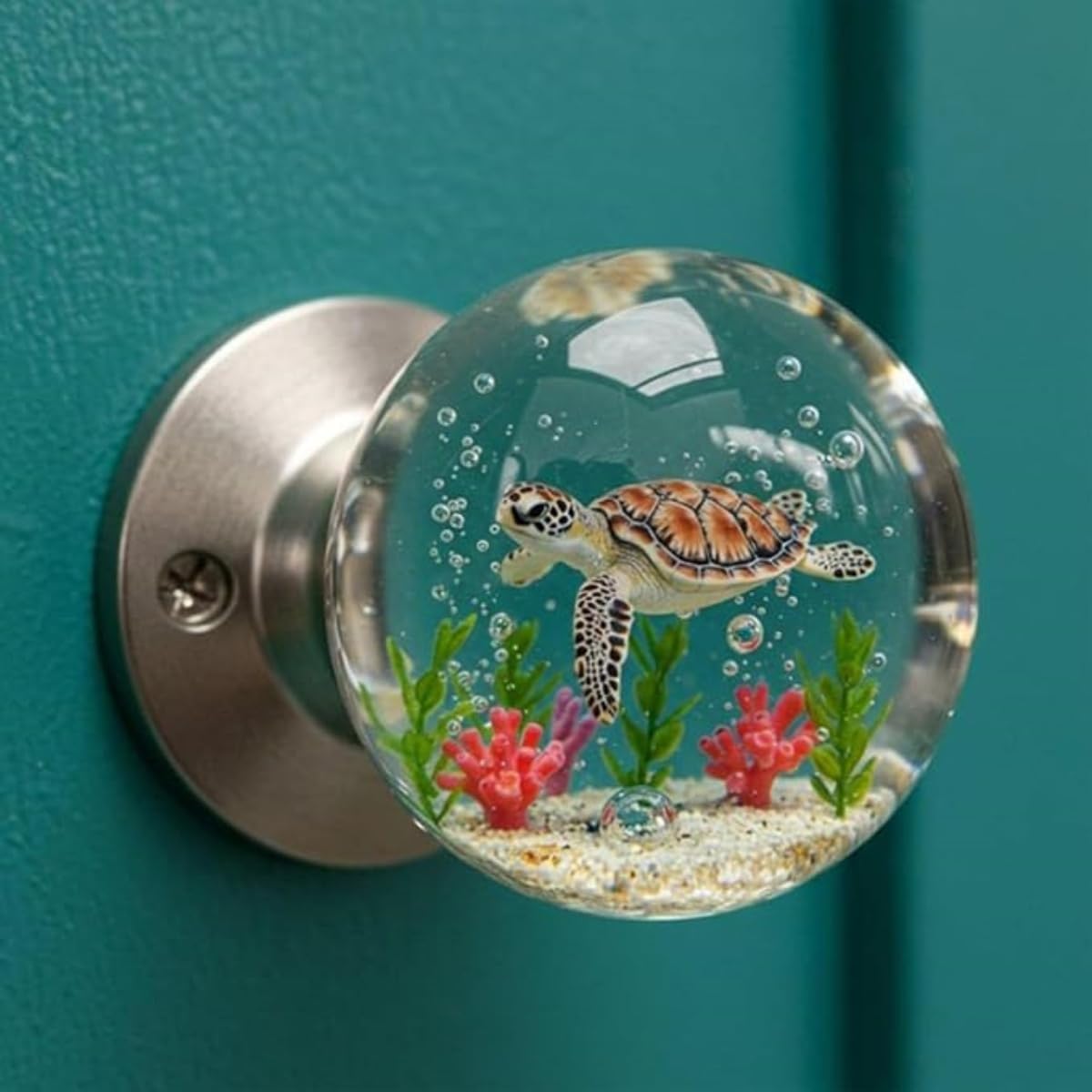 Unique Decorative Door Handle,Nature Style Transparent Animals Doorknob,Retro Round epoxy Flower Door knobs,Creative Artistic Decor for Bedroom, Living Room, Office (Turtle)