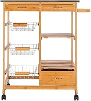 Vista 4 de Carrito de isla de cocina con cestas, isla de cocina rodante sobre ruedas con almacenamiento, carrito de cocina con cajón, marrón