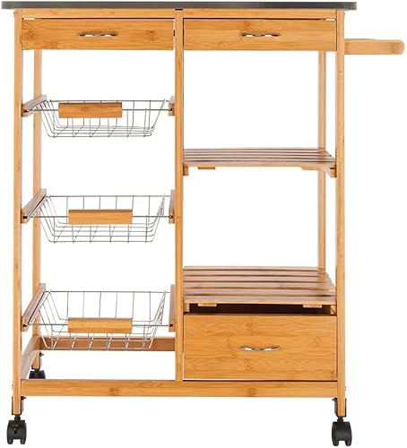 Miniatura 4 de Carrito de isla de cocina con cestas, isla de cocina rodante sobre ruedas con almacenamiento, carrito de cocina con cajón, marrón