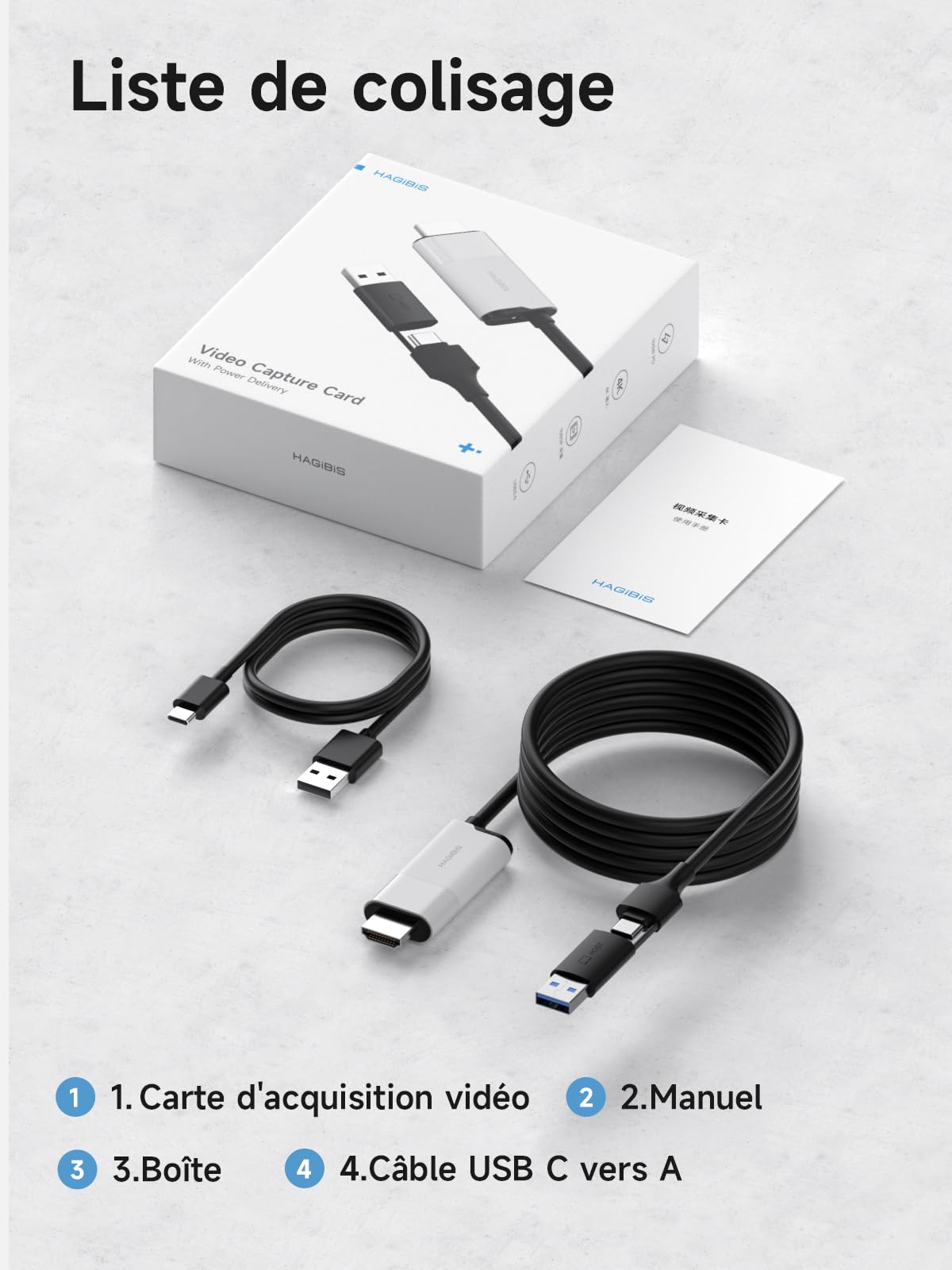 Hagibis Carte de Capture vidéo USB 3.0 avec 100 W PD, câble HDMI vers USB A/USB C 1080p @ 60 fps YUY2 MJPEG MS2130 pour Quest 3 VR Switch PS4/5 Diffusion en Direct, Jeux, Streaming, enregistreur