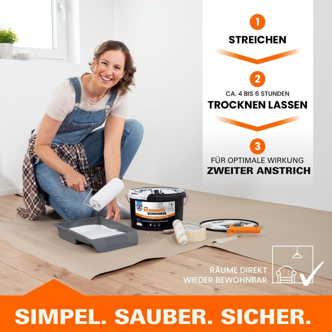 Tonis SCHIMMELSCHOCK Anti-Schimmel-Farbe 4,5 Liter | Effektive antimikrobielle Sofortwirkung, desinfizierende Wandfarbe für ca. 18 m², Schimmel-Stopp aus: Die Höhle der Löwen [weiss, abtönbar]