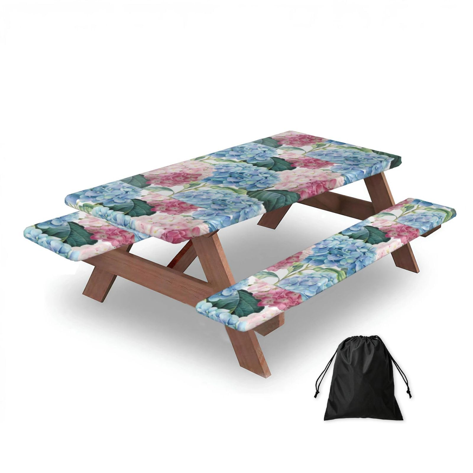 Dopklna As Picture Pink Blue Hydrangea, Picnic Table Cover With Bench Covers -Waterproof Elastic Fitted Tablecloth For Garden Camping Patio 76X152cm