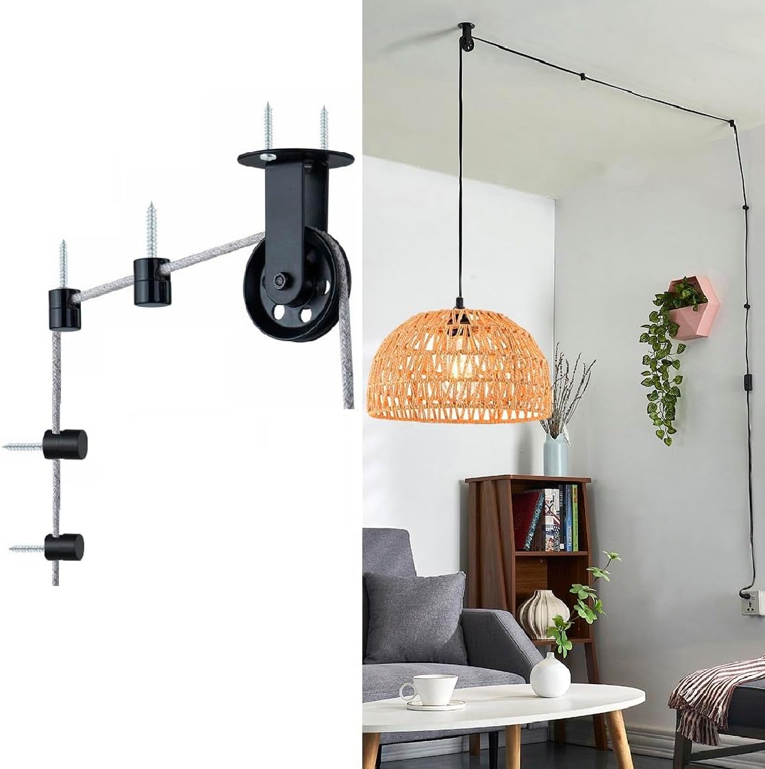 Pulley Wheel for Plug in Pendant Light, Wall Ceiling Mount Pulley for Hanging Lamp, 1 Pack Pulley Wheel and 4 Pack Swag Hooks for Hanging Electric Wire Cable Cord Chandelier Plant Grow Lights (Gold)