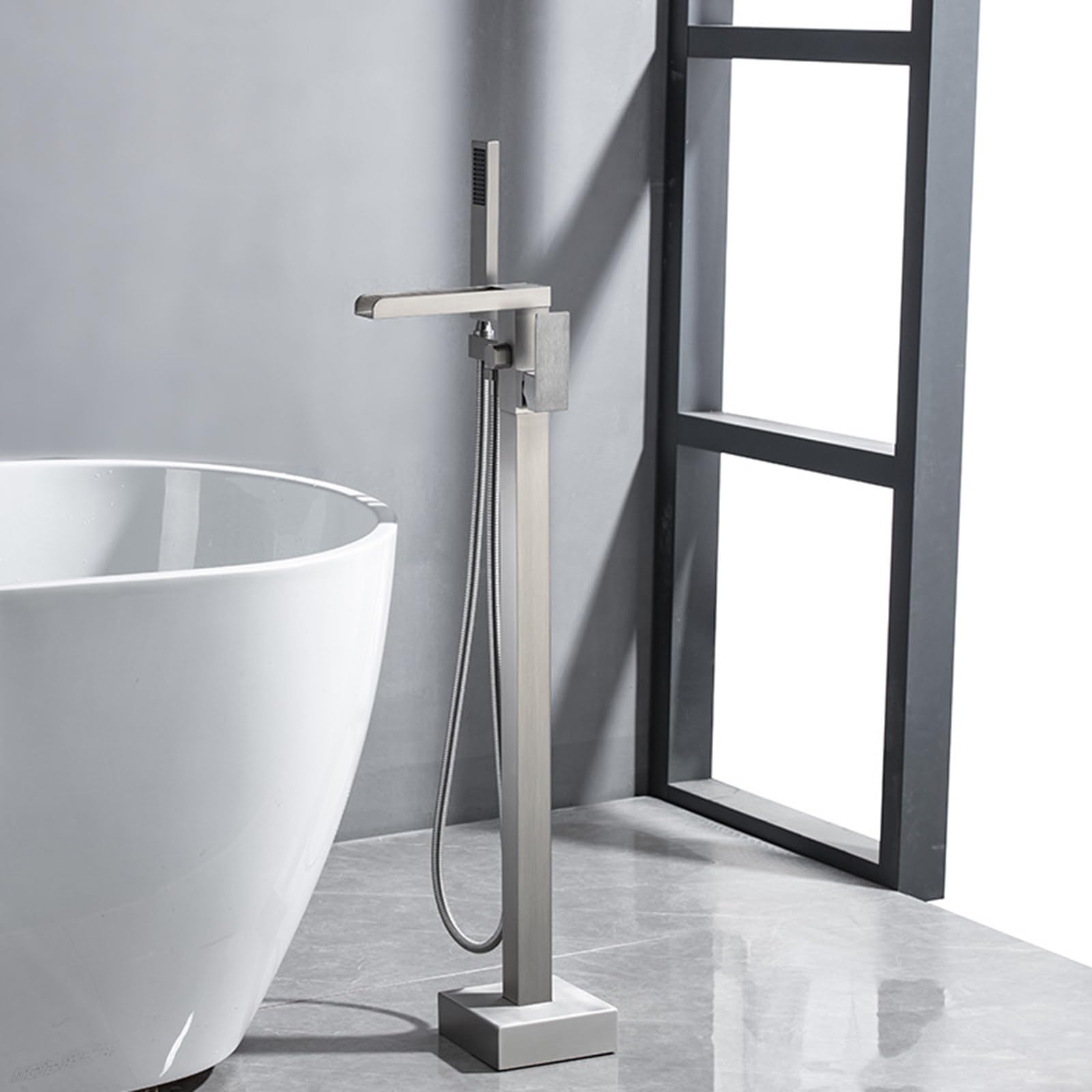 SWENEEN Modern Brass Freestanding Bathtub Faucet With Handheld Sprayer Floor Mount Tub Filler For High Flow Bath Shower 2 Function Bathroom Mixing Tap,Brushed Nickel