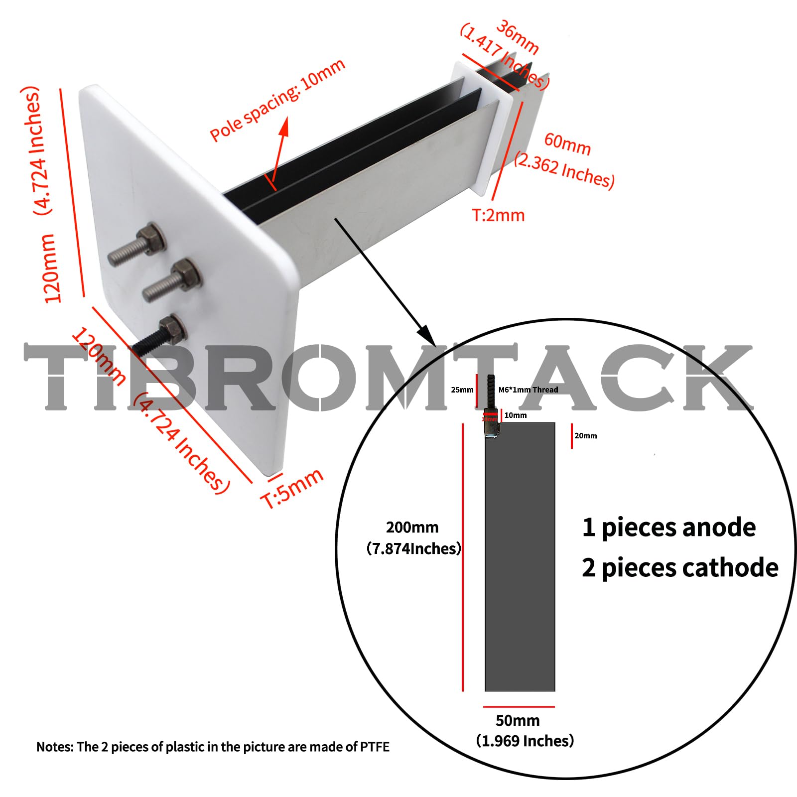 Titanium Electrodes MMO Assembly with Ruthenium-Iridium Coating and PTFE Partitions 1pc Titanium Anode+2pcs Titanium Cathode